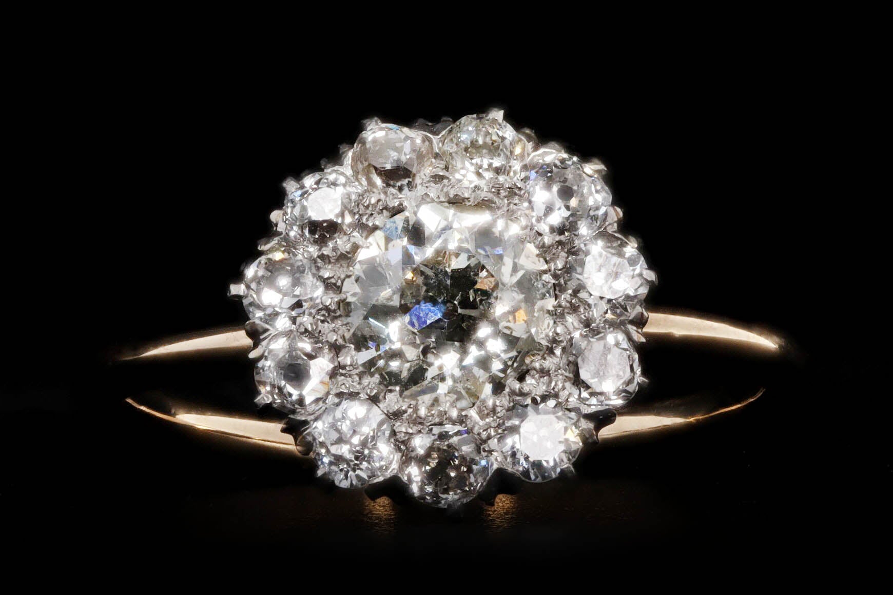 Victorian 14K Yellow Gold & Platinum 0.6 Carat Old European Diamond Halo Stick Pin Conversion Ring - Queen May