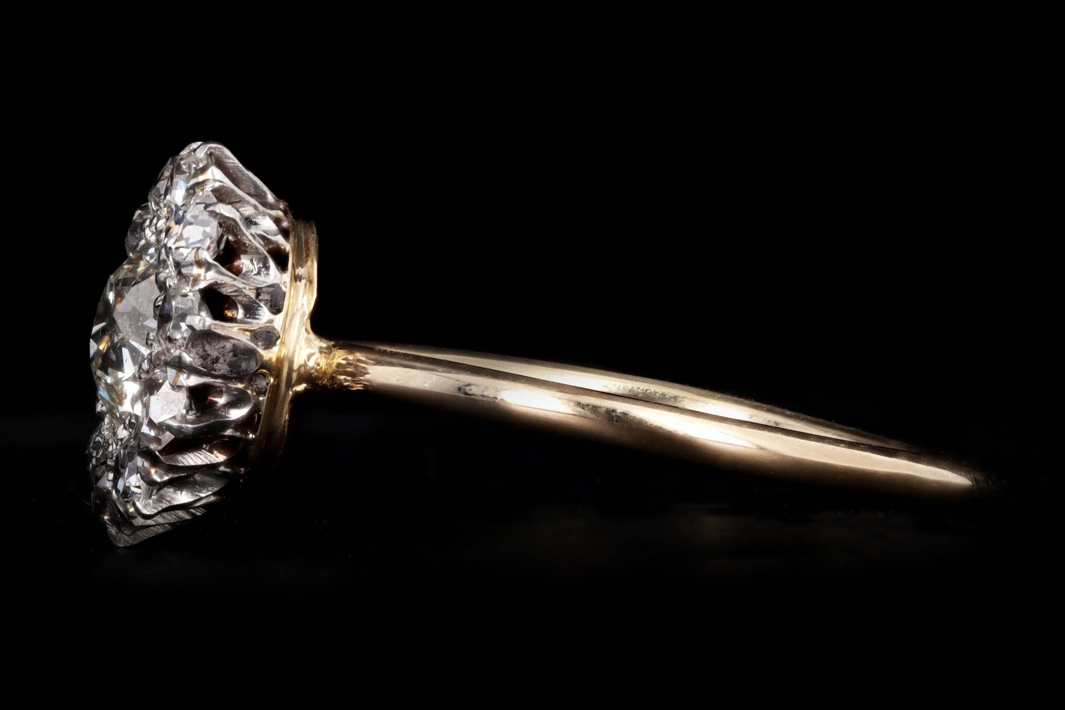 Victorian 14K Yellow Gold & Platinum 0.6 Carat Old European Diamond Halo Stick Pin Conversion Ring - Queen May