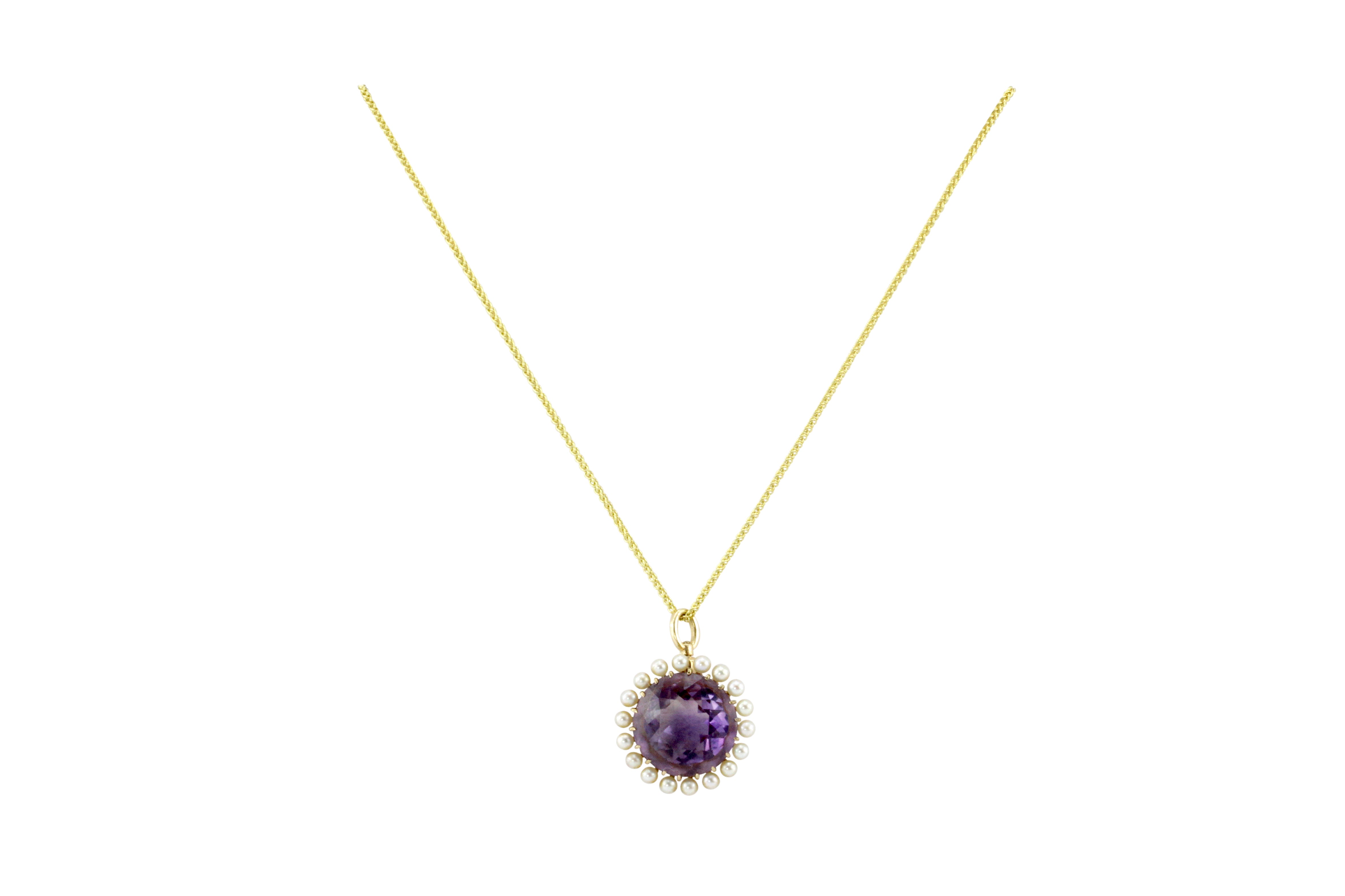 Victorian 14K Yellow Gold 6.5 Carat Amethyst and Pearl Pendant Necklace - Queen May