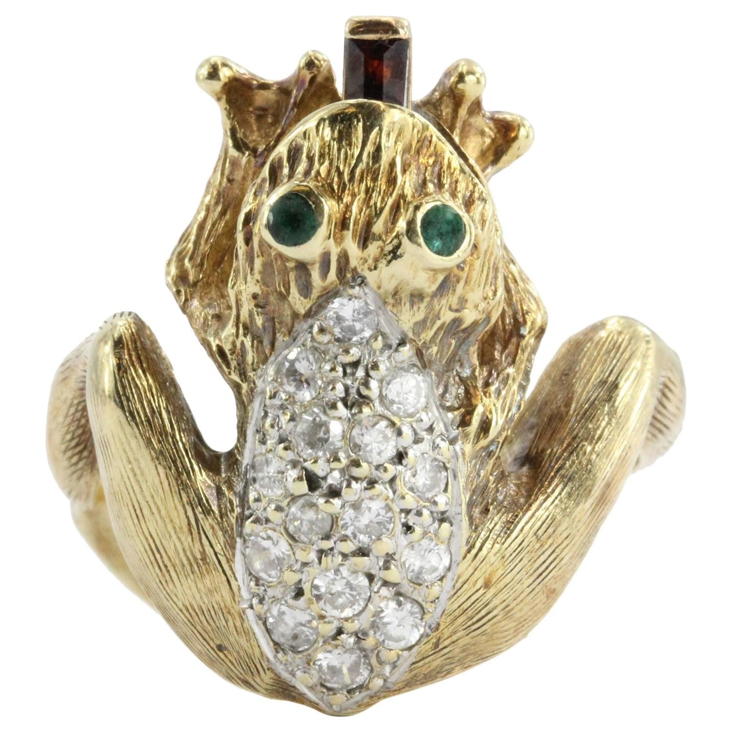 Vintage 14K Gold Diamond & Garnet Whimsical Frog Ring w/ Garnet Tongue - Queen May