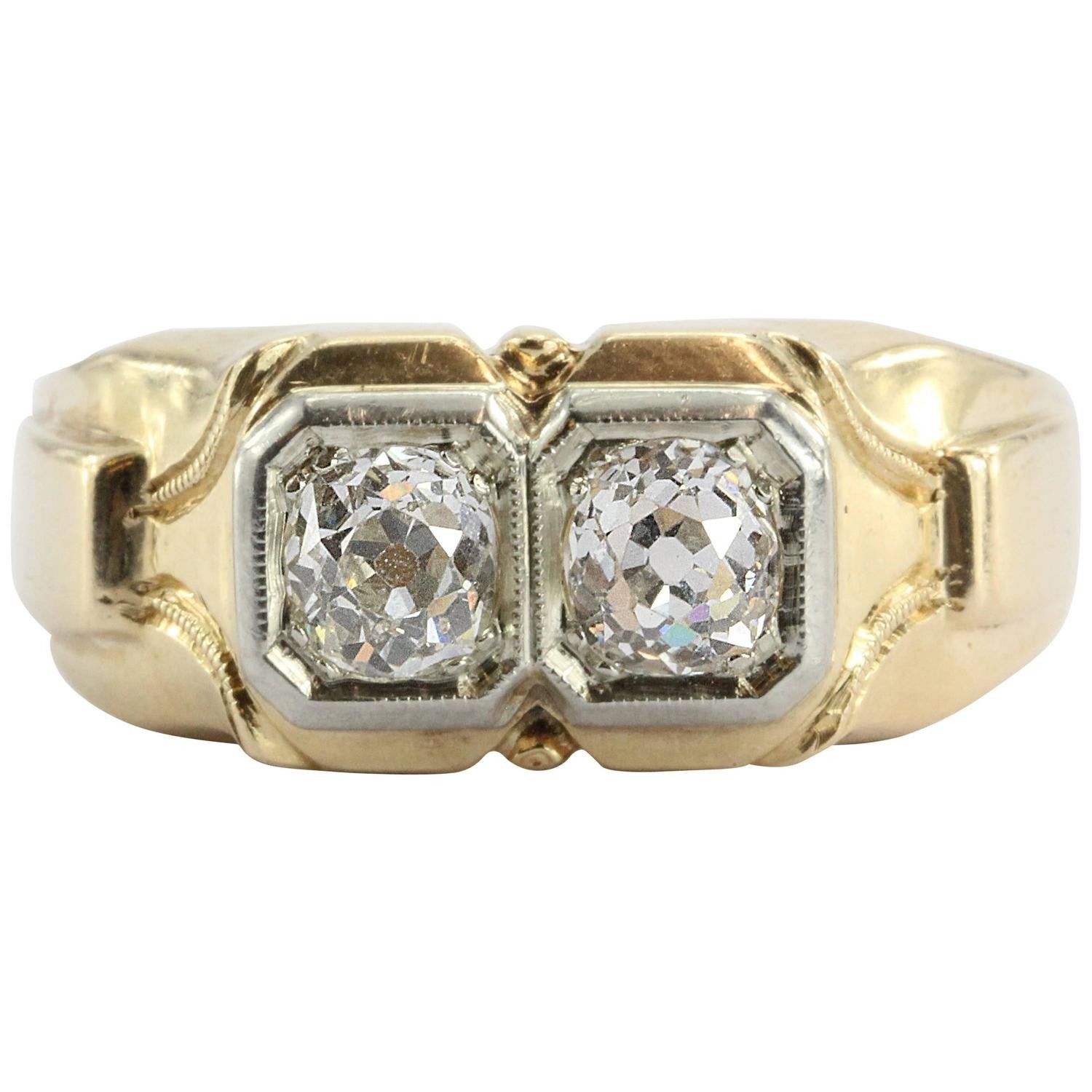 Art Deco Twin Old Mine Cut Diamonds 1.2 CTW 14K Gold Ring - Queen May
