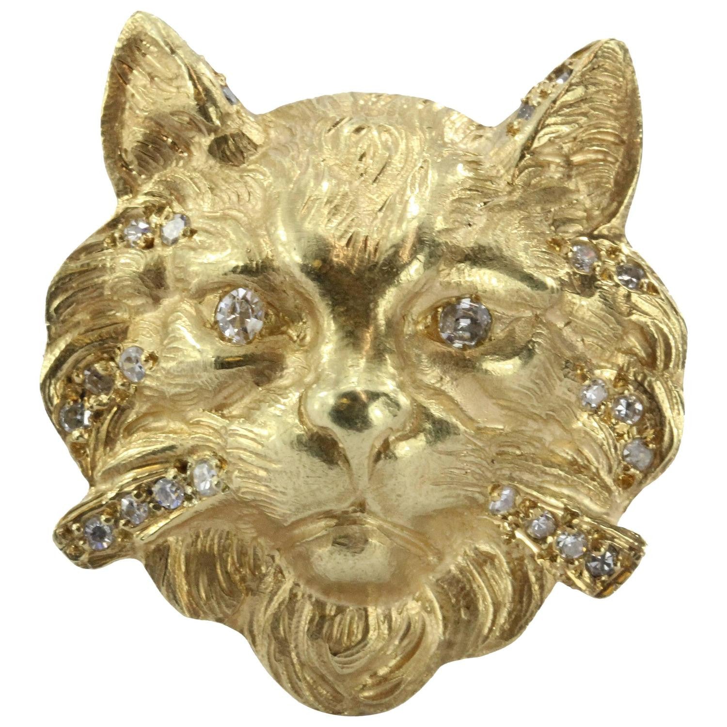 18K Gold & Diamond Large Chunky Cat Face Ring - Queen May