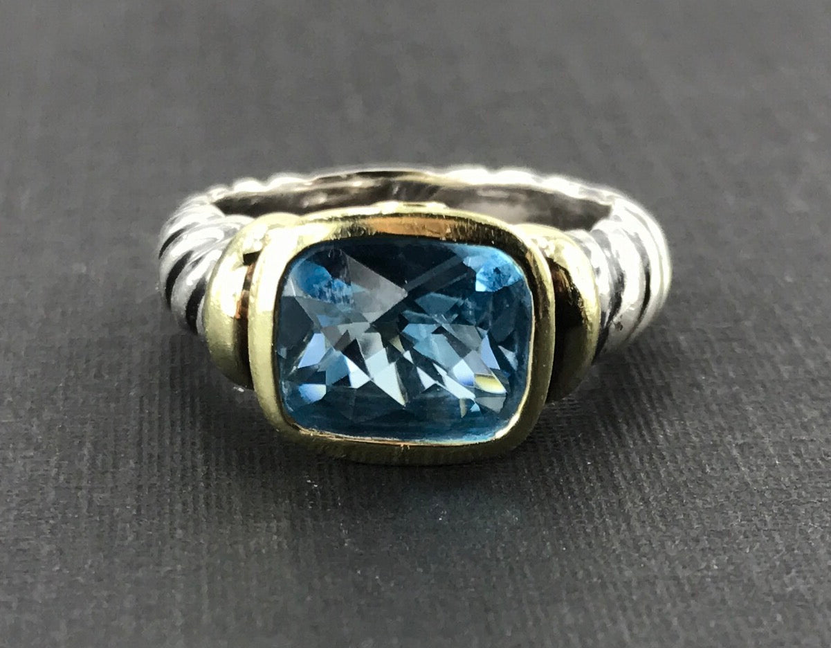 David Yurman Sterling Silver 14 Gold Blue Topaz Noblesse Ring size 6 - Queen May