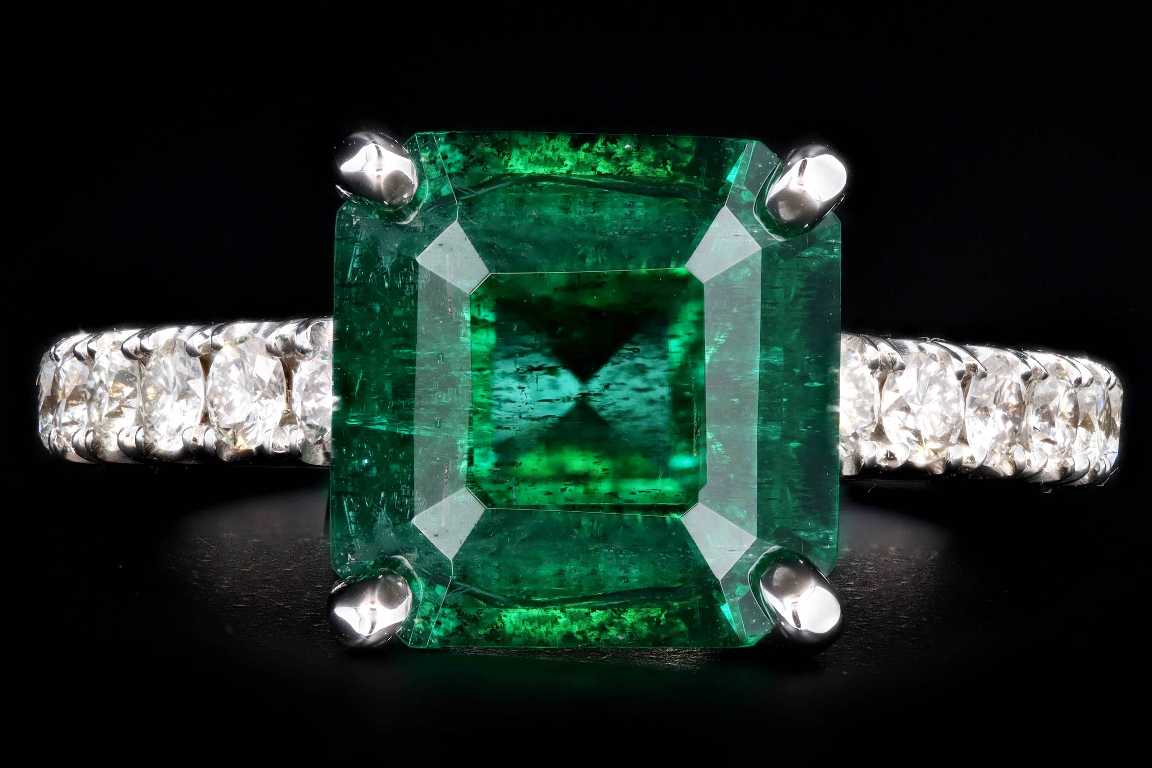 Modern 14K White Gold 2.83 Carat Natural Emerald & Diamond Ring AGL Certified - Queen May