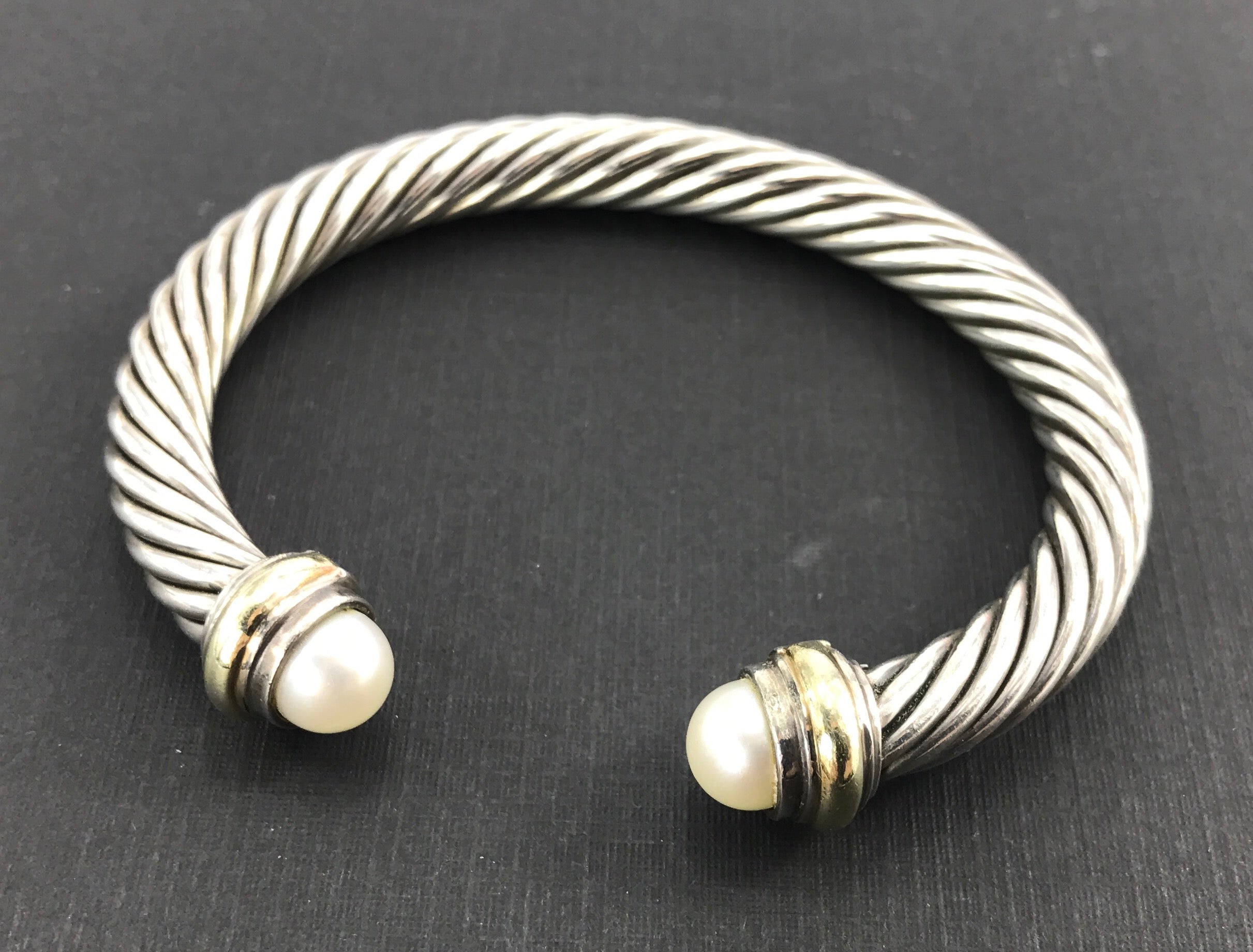 David Yurman Sterling Silver 14K Gold Pearl Classic 7mm Cable Cuff Bracelet - Queen May