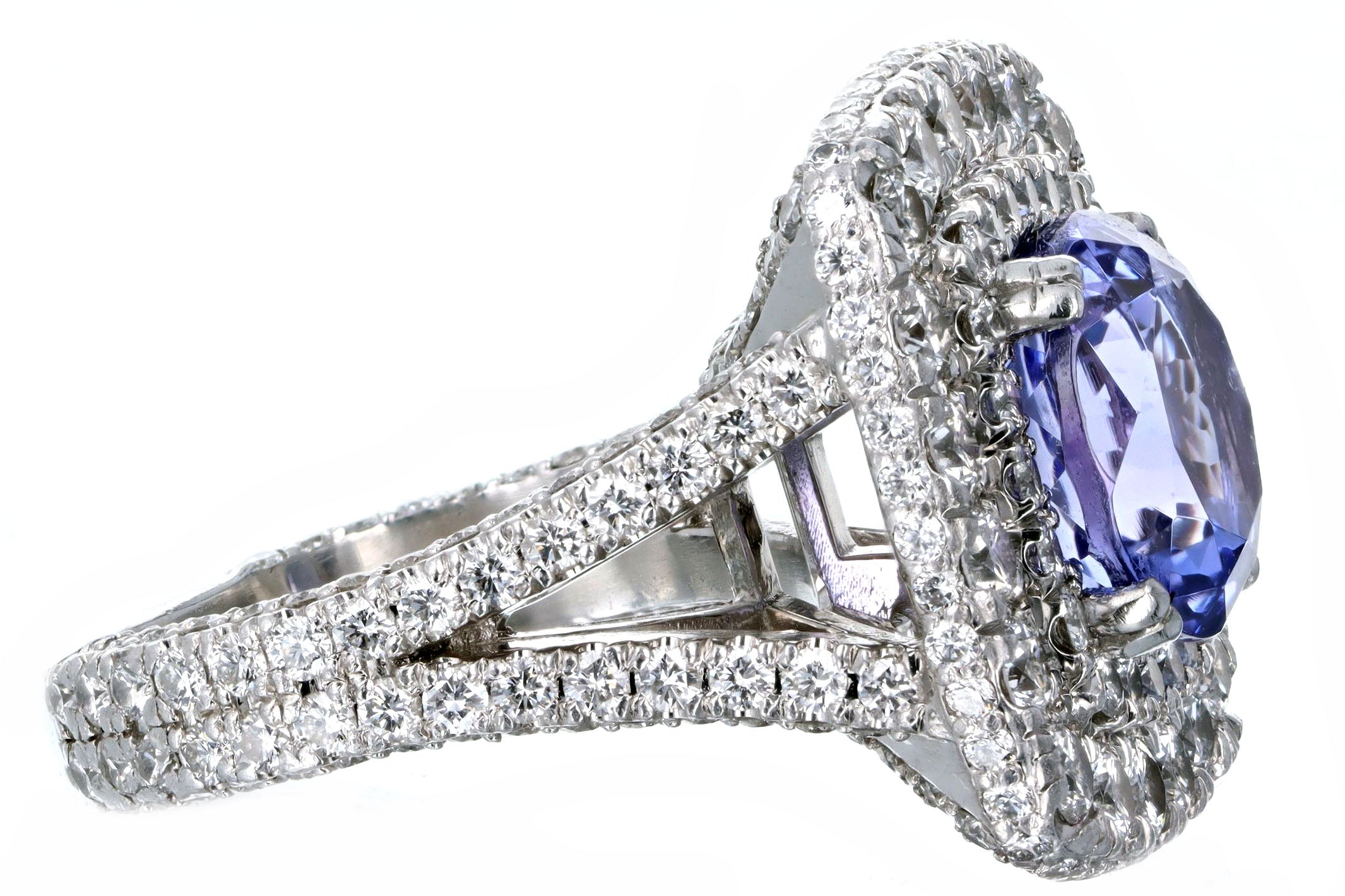18K White Gold 5.25 Carat Tanzanite & Diamond Double Halo Split Shank Ring - Queen May