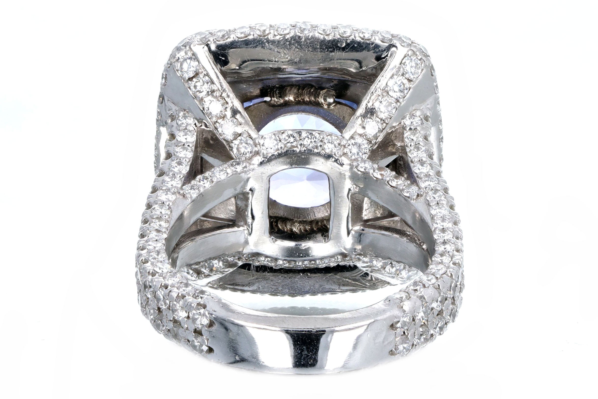 18K White Gold 5.25 Carat Tanzanite & Diamond Double Halo Split Shank Ring - Queen May