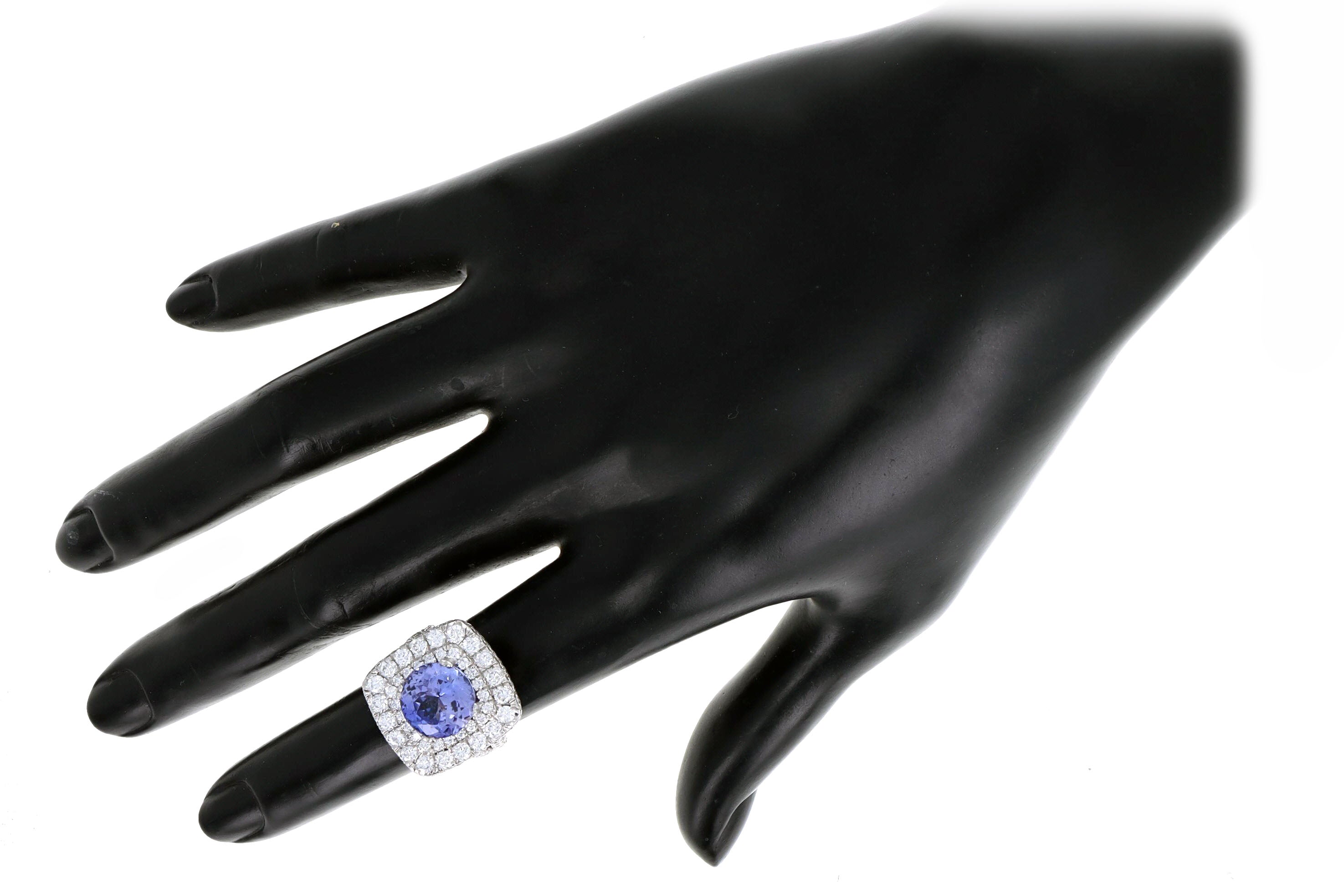 18K White Gold 5.25 Carat Tanzanite & Diamond Double Halo Split Shank Ring - Queen May