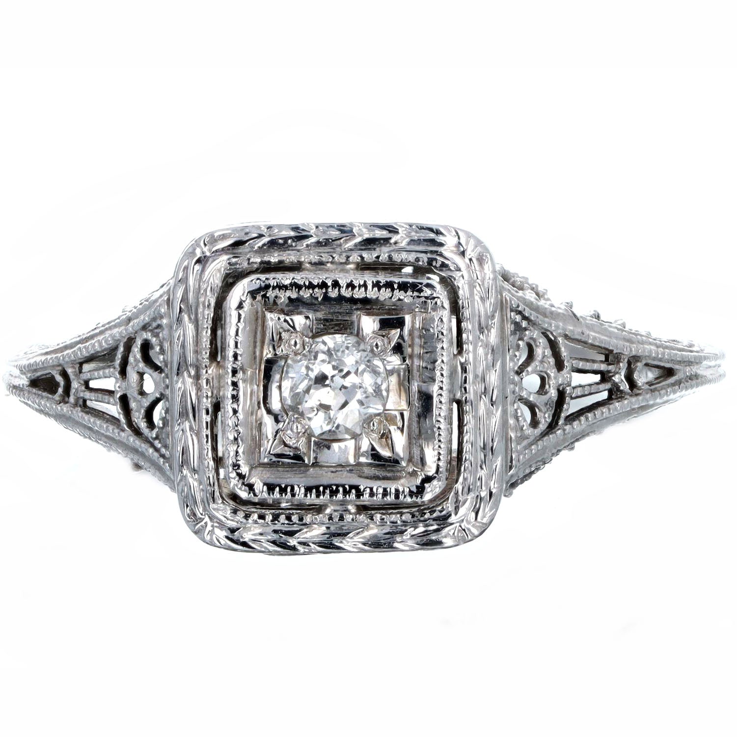 Art Deco 18K White Gold 0.10 Carat Old European Diamond Filigree Engagement Ring - Queen May