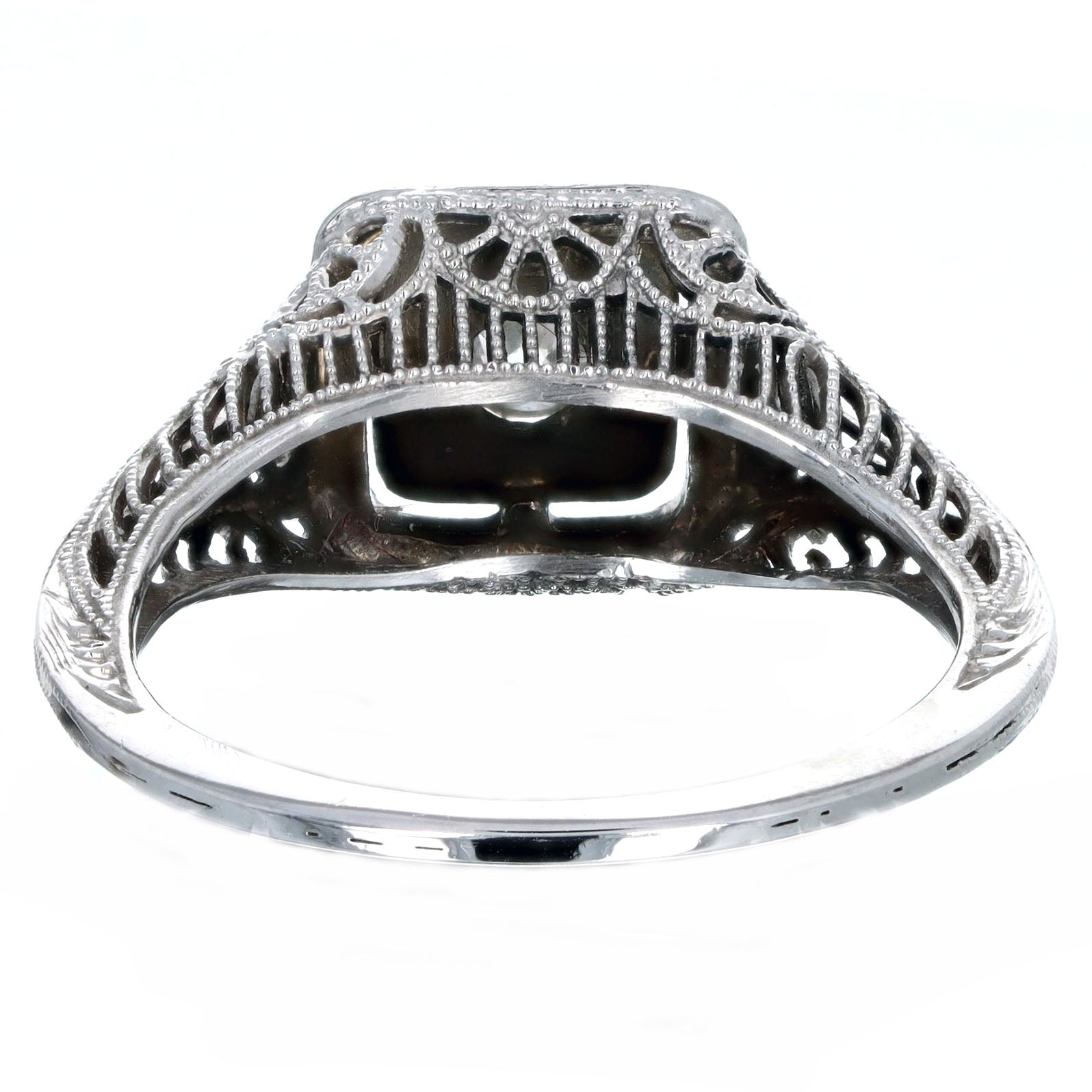 Art Deco 18K White Gold 0.10 Carat Old European Diamond Filigree Engagement Ring - Queen May