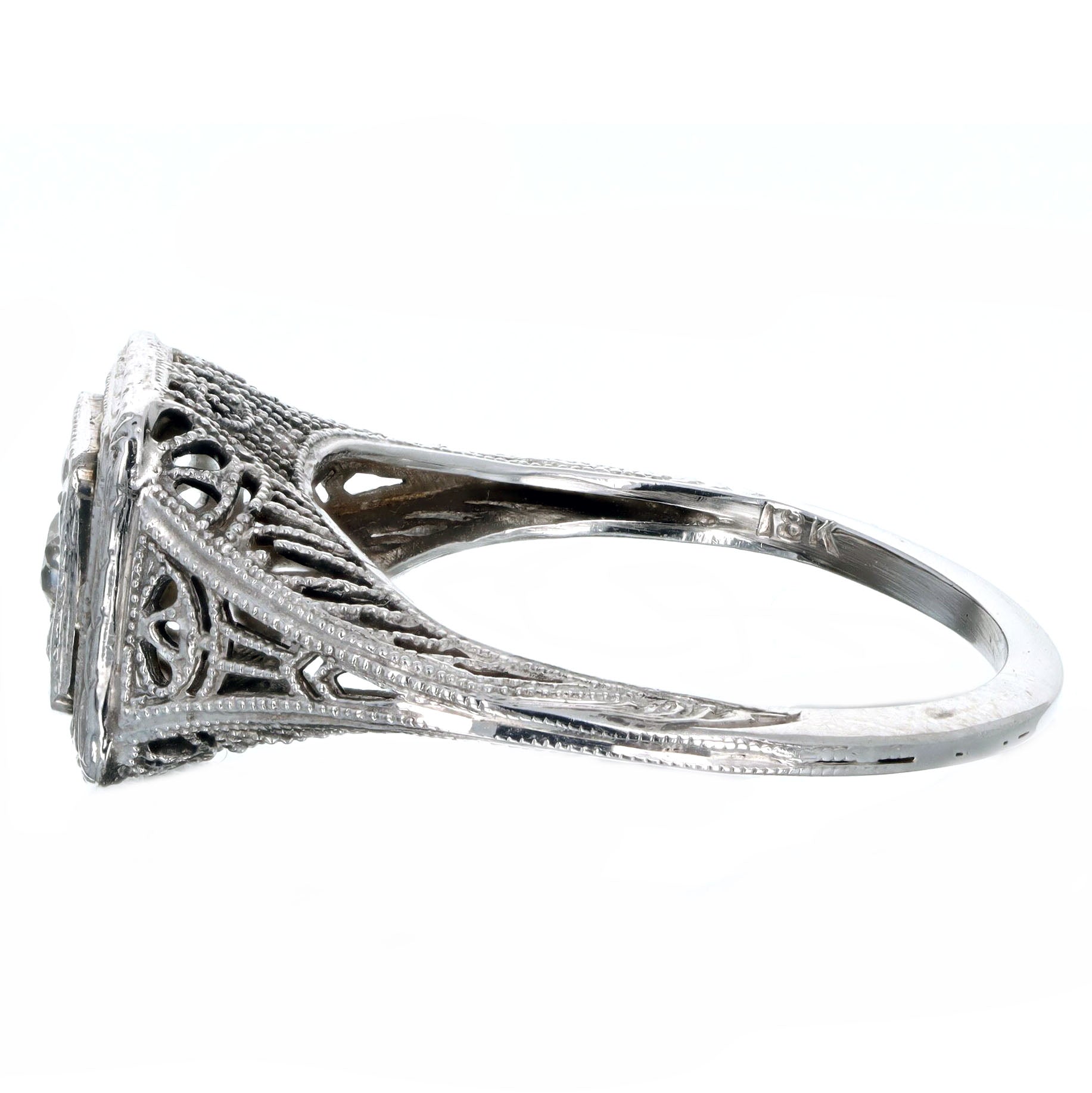 Art Deco 18K White Gold 0.10 Carat Old European Diamond Filigree Engagement Ring - Queen May