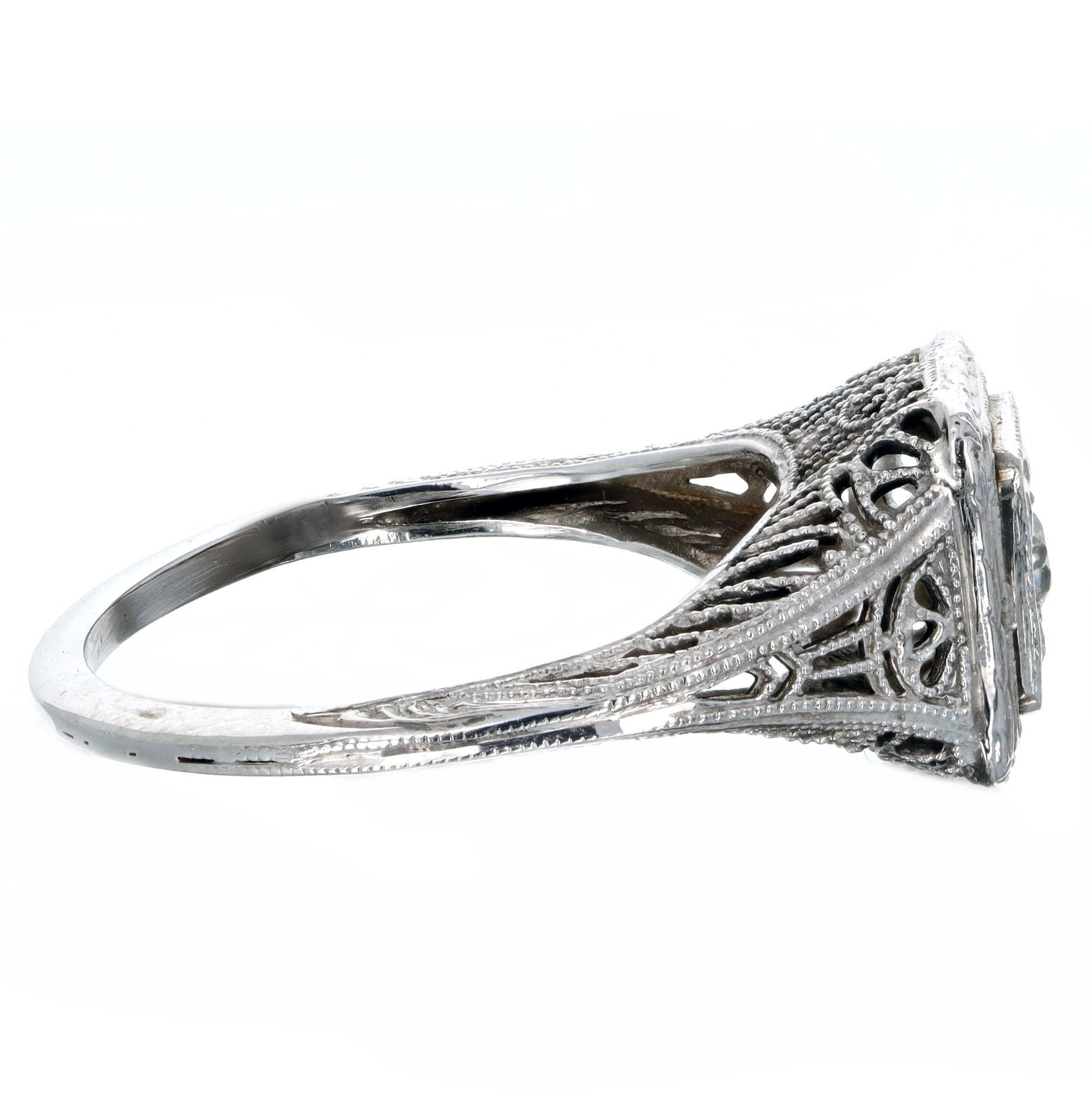 Art Deco 18K White Gold 0.10 Carat Old European Diamond Filigree Engagement Ring - Queen May