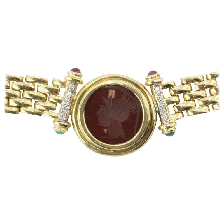 Vintage 14K Gold Greek Warrior Carnelian Cameo Diamond Emerald Ruby Necklace - Queen May