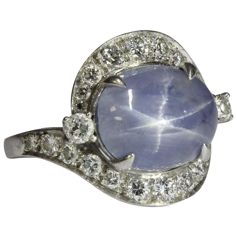 Antique Art Deco Platinum Diamond & 7.63 Carat Natural Blue Star Sapphire Ring - Queen May