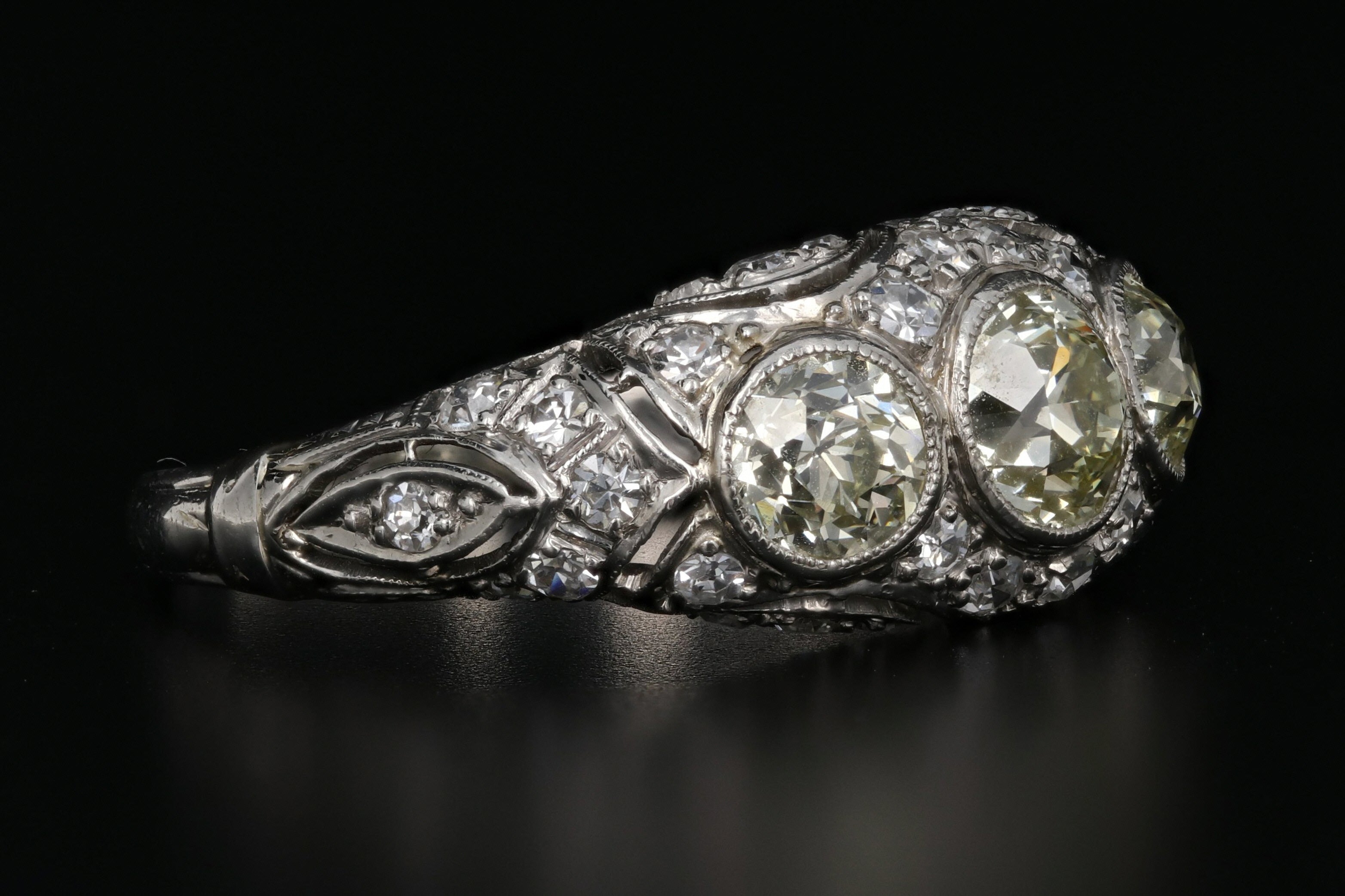 Art Deco Platinum Old European Cut Fancy Light Yellow 3 Stone Cluster Ring C.1920's - Queen May