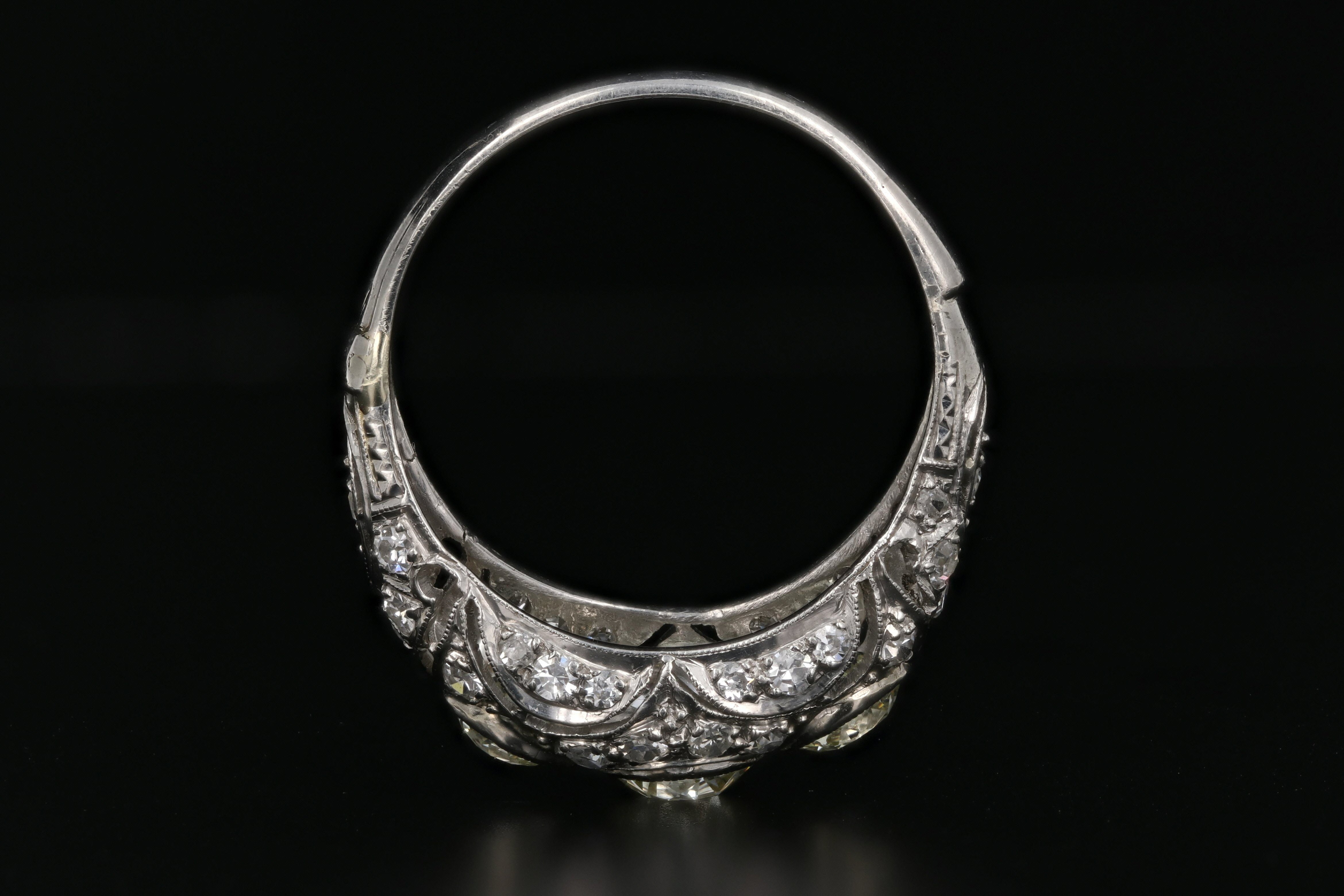 Art Deco Platinum Old European Cut Fancy Light Yellow 3 Stone Cluster Ring C.1920's - Queen May