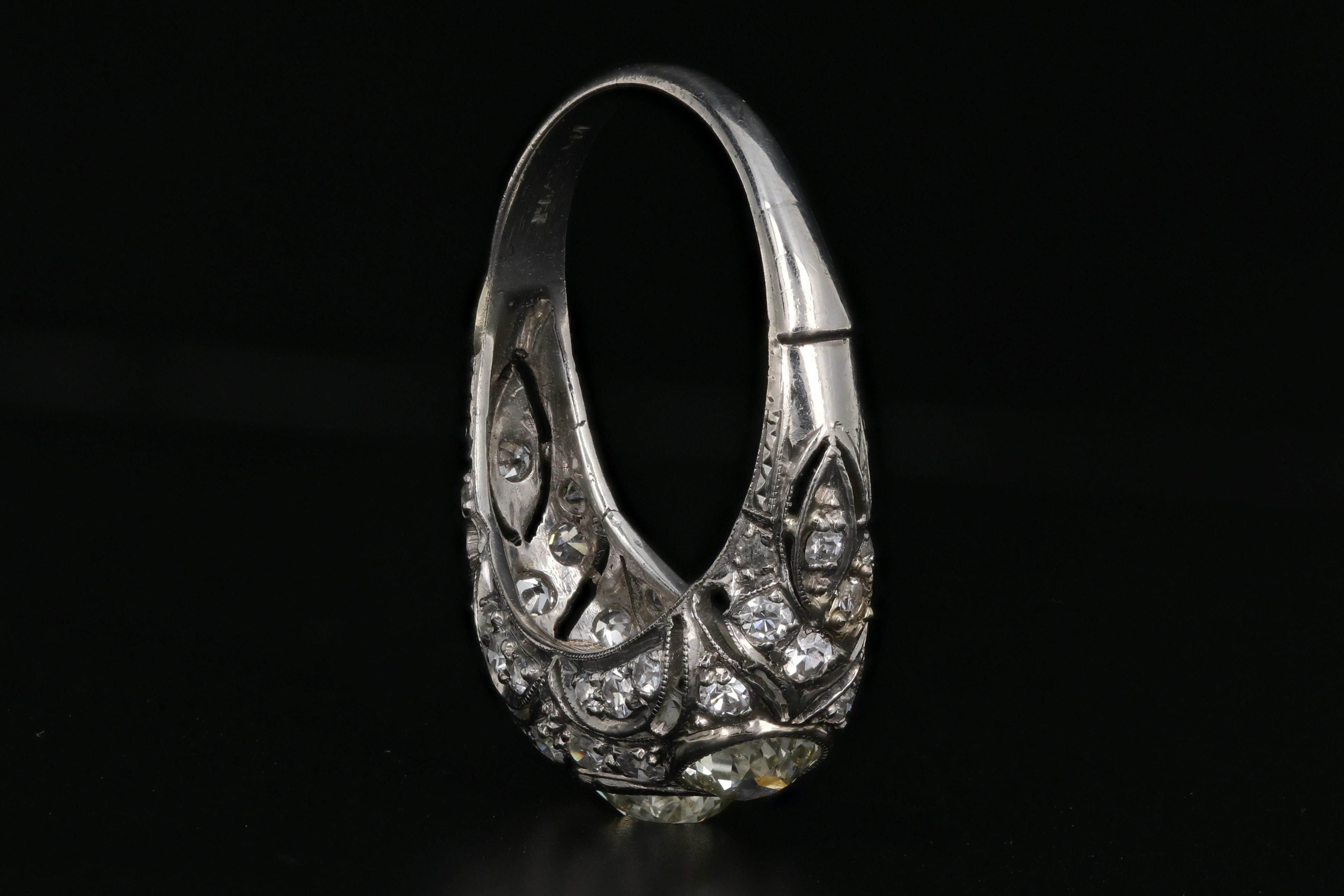Art Deco Platinum Old European Cut Fancy Light Yellow 3 Stone Cluster Ring C.1920's - Queen May