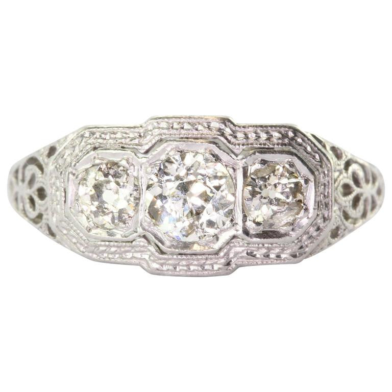Antique Art Nouveau 18K White Gold & Platinum 3 Stone Diamond Engagement Ring - Queen May