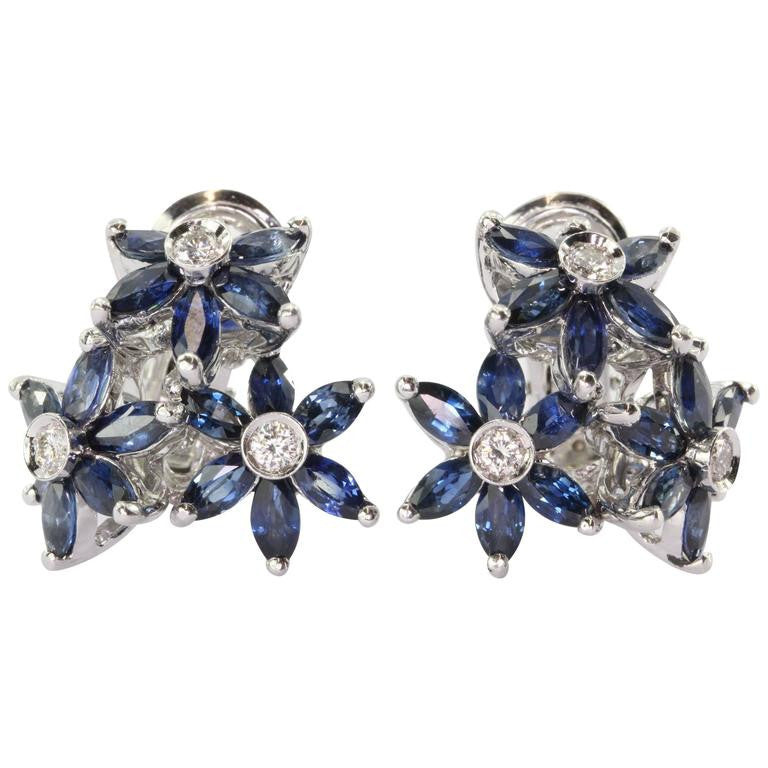 18K White Gold Sapphire & Diamond Triple Flower Earrings - Queen May