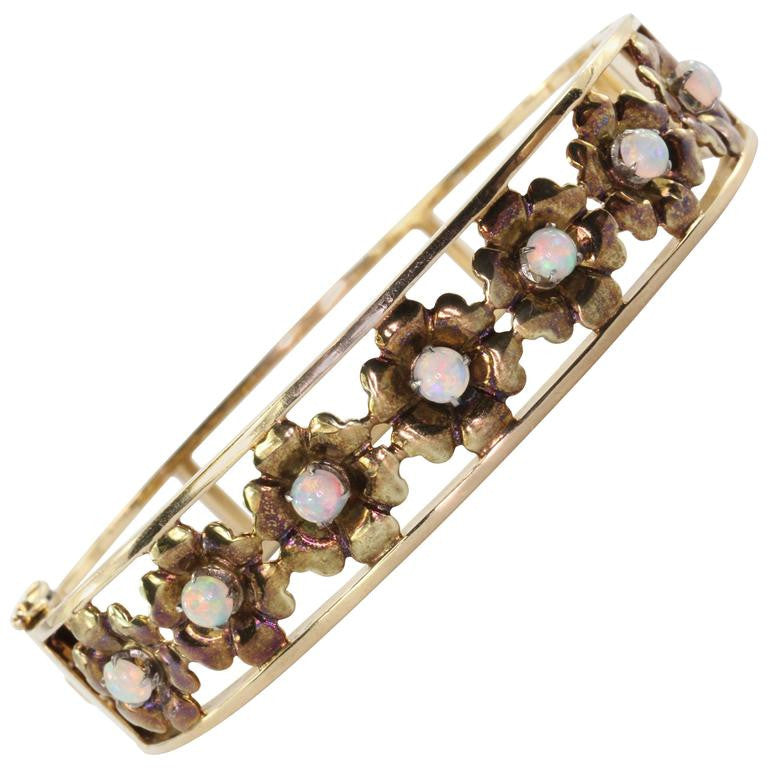 Retro 1960's 14K Yellow Gold Opal Floral Bangle Bracelet - Queen May