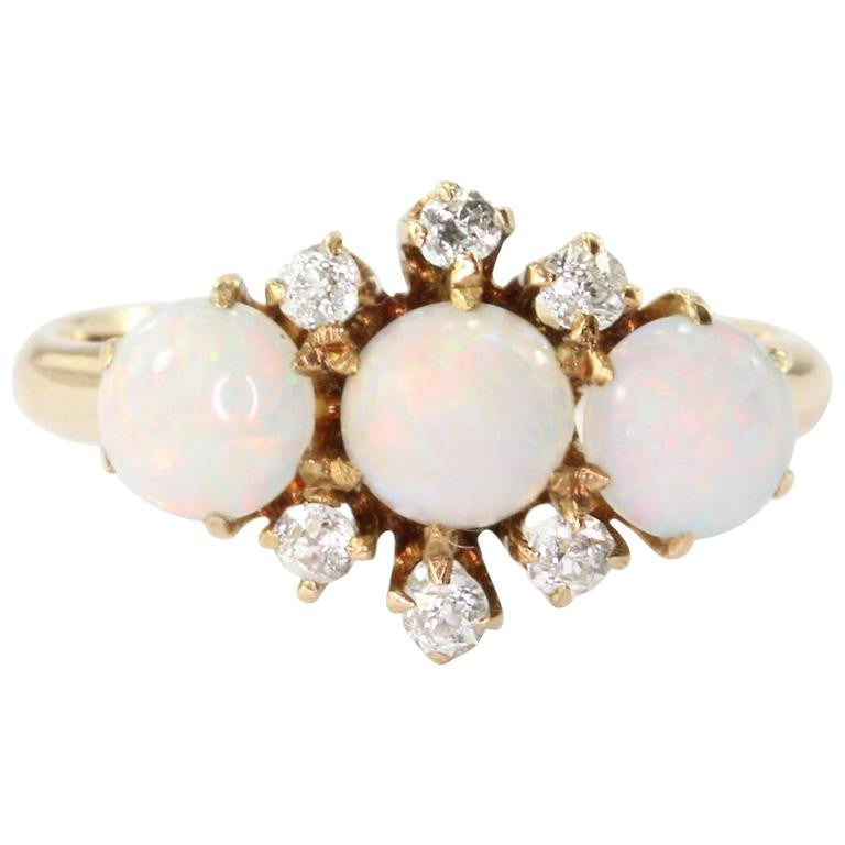 Edwardian 14K Rose Gold Fiery Opal Old European Diamond Ring Circa 1900 - Queen May