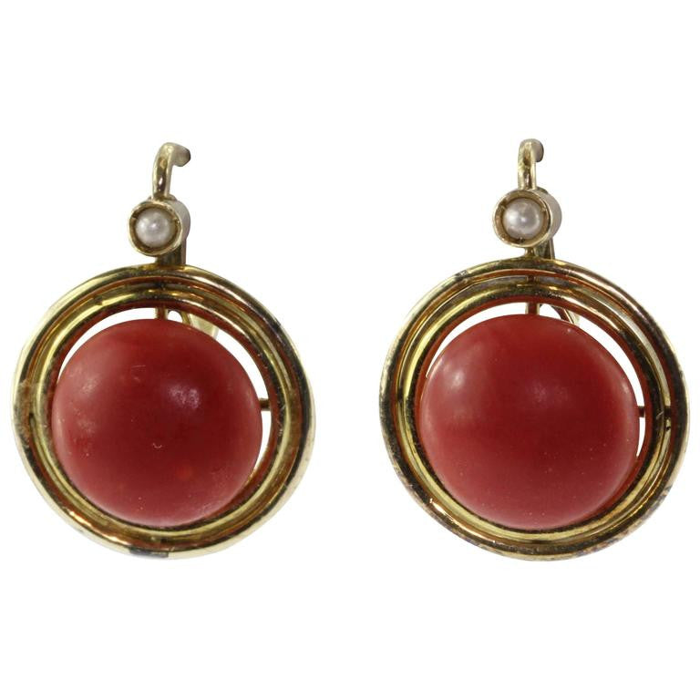 Victorian Red Oxblood Coral Seed Pearl 14K Gold Earrings - Queen May