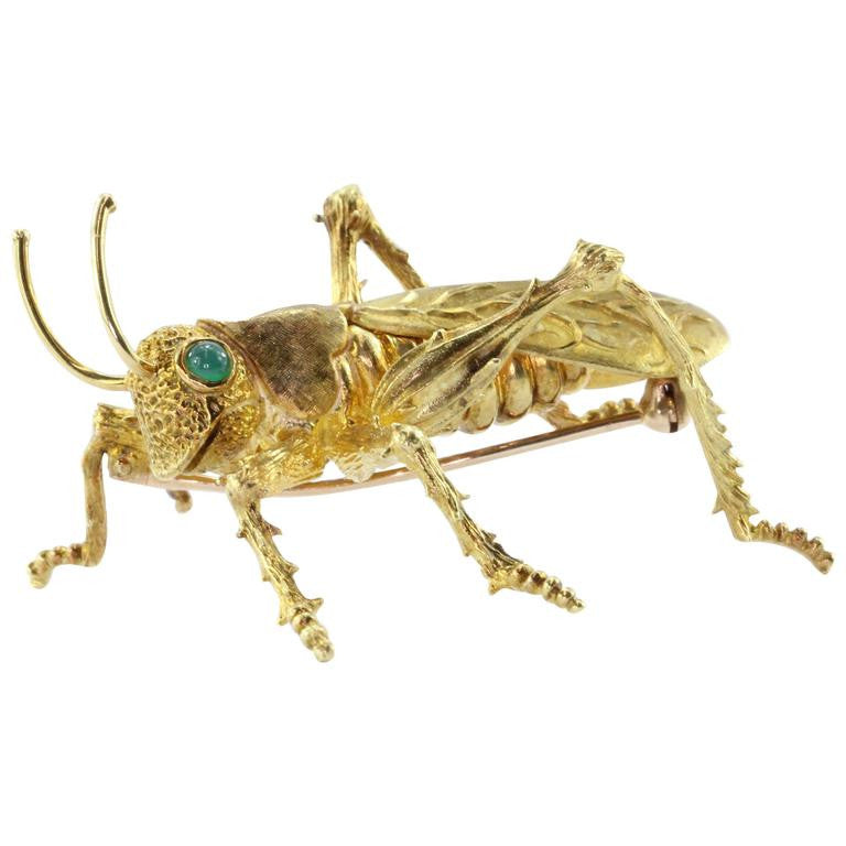 18K Gold Emerald Kurt Wayne Naturalistic Grasshopper Brooch Pin - Queen May