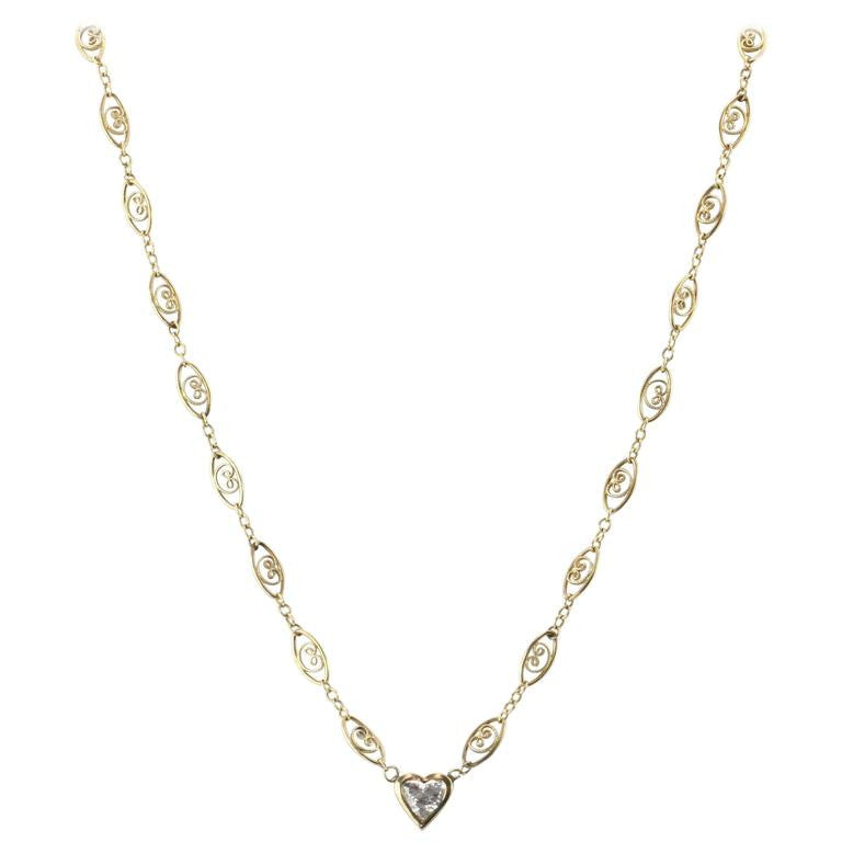 Victorian 14K Gold Chain 3/4 Carat Heart Cut Diamond Pendant - Queen May
