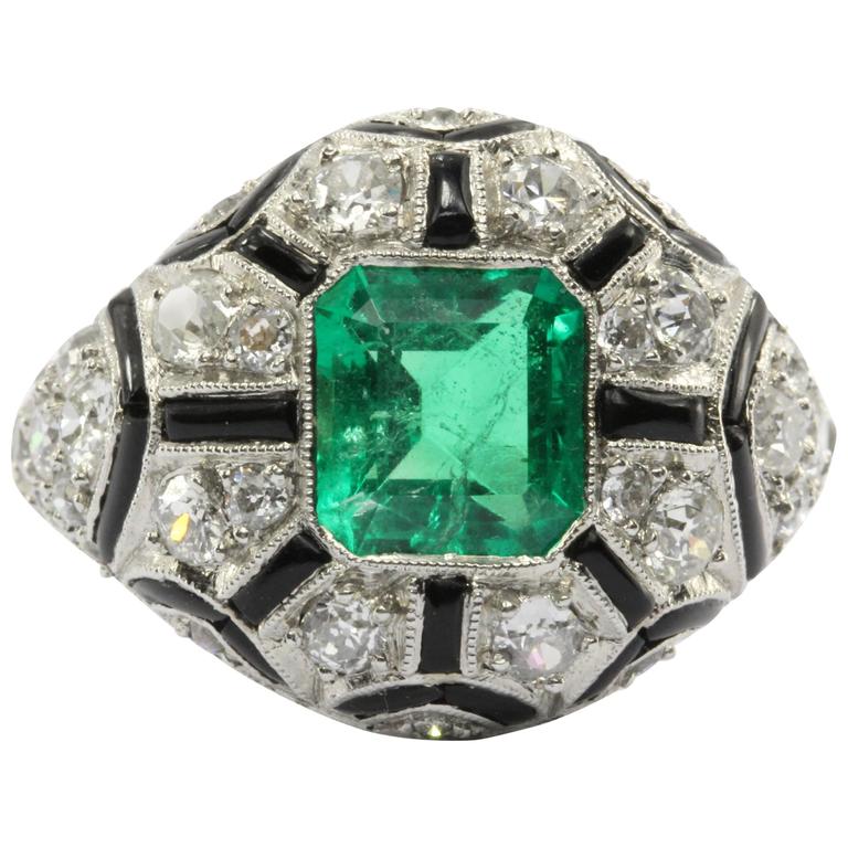 Art Deco Revival Platinum Emerald Diamond Black Enamel Ring - Queen May