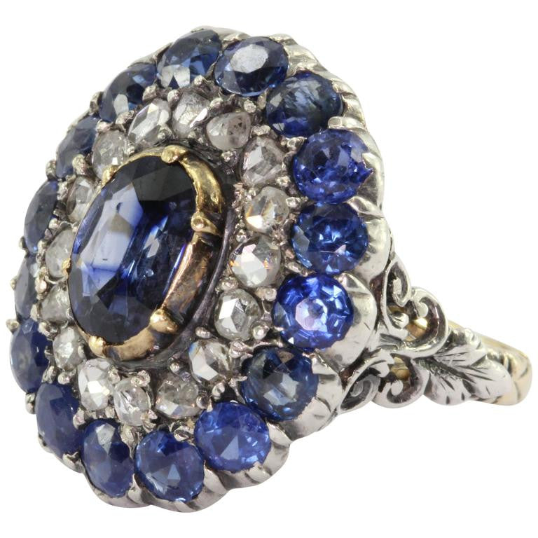 Georgian 18K Gold Silver Top Blue Sapphire Rose Cut Diamond Ring - Queen May