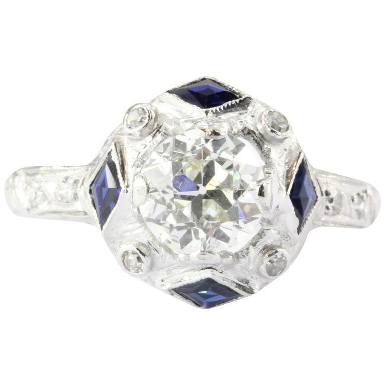 Art Deco Platinum Sapphire 1.27 Carat Old European Diamond Engagement Ring c.1925 - Queen May