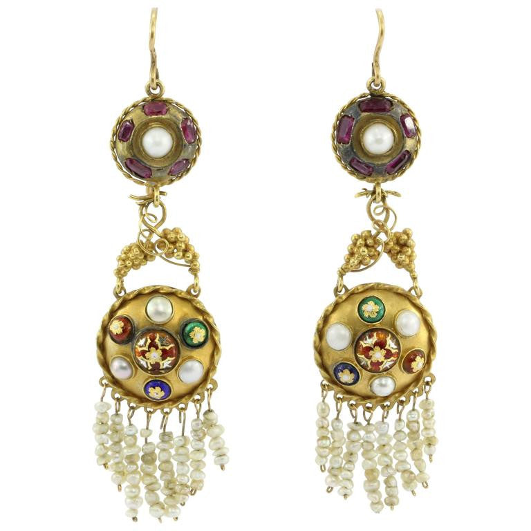 Victorian Austro-Hungarian 18k Gold Ruby Pearl Enamel Chandelier Earrings c.1890 - Queen May