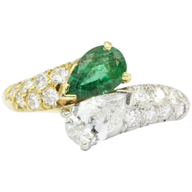 Retro Cartier 18k Gold & Platinum Diamond & Emerald Ring - Queen May