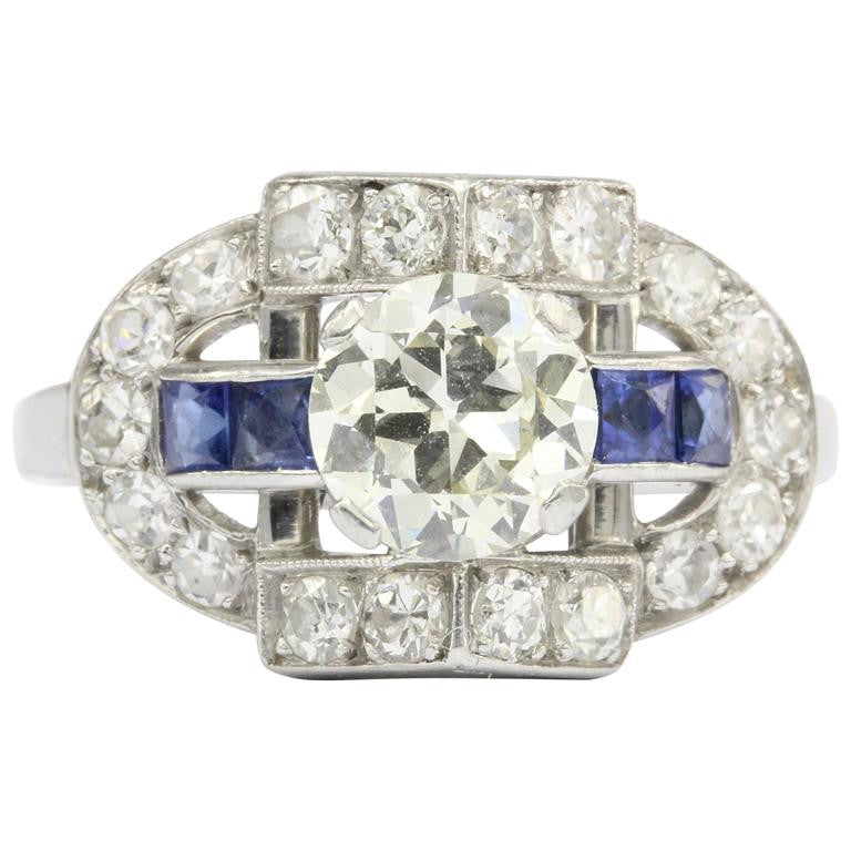 Art Deco Platinum .93ct Old European Diamond & Sapphire Ring 1.79 CTW - Queen May