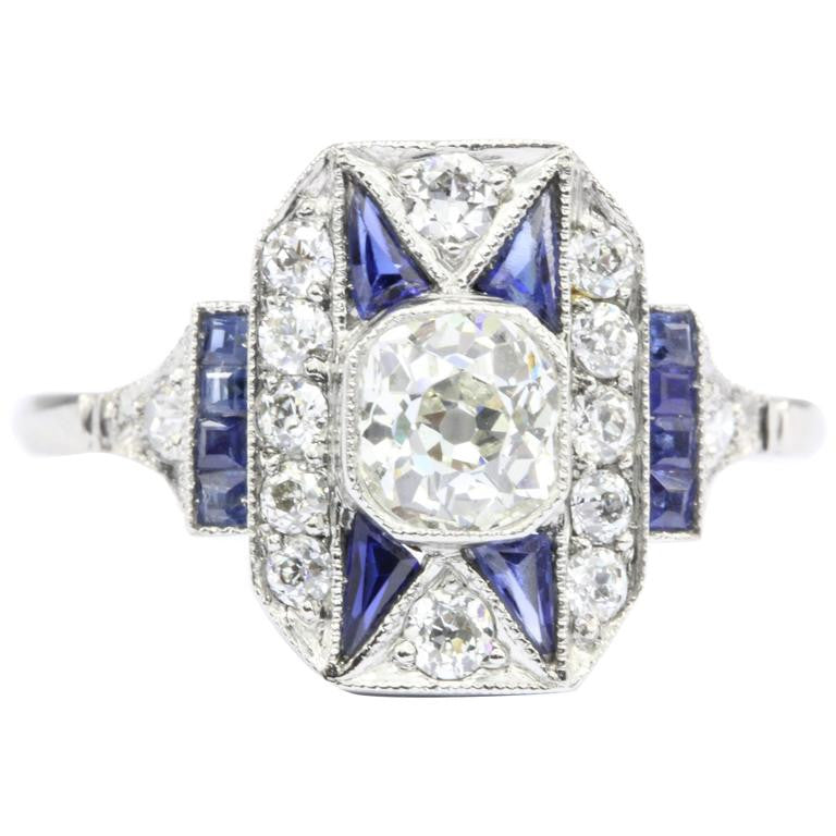 Art Deco Platinum Old Mine Diamond and Sapphire Filigree Ring c.1920 - Queen May