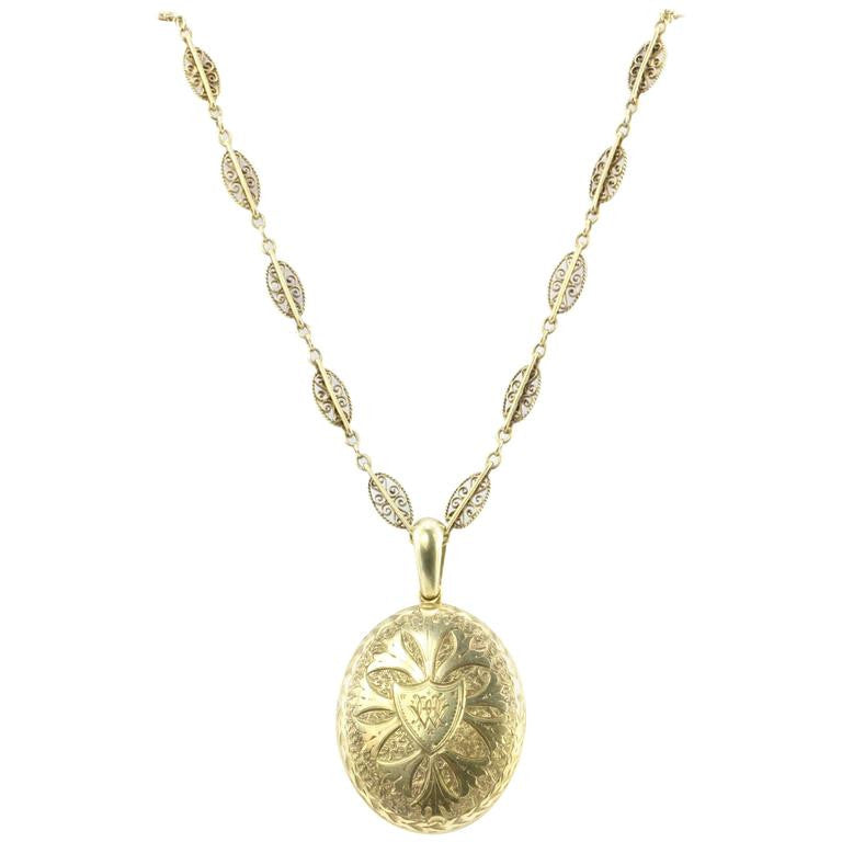 Victorian Gothic Revival 18K Oval Locket & Filigree Necklace c.1890 - Queen May