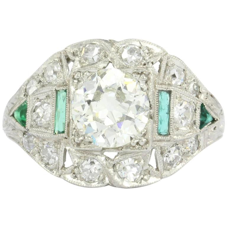 Art Deco Platinum 1.15 Carat Old European Cut Diamond Emerald Engagement Ring - Queen May