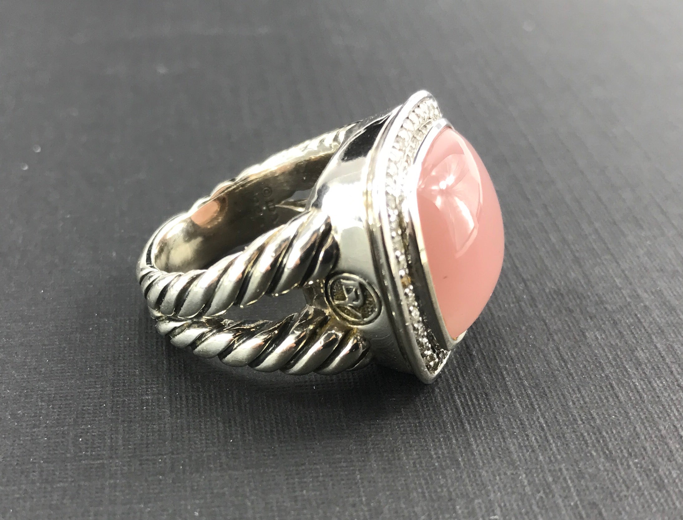 David Yurman Sterling Silver 14mm Rose Quartz & Diamond Albion Ring - Queen May