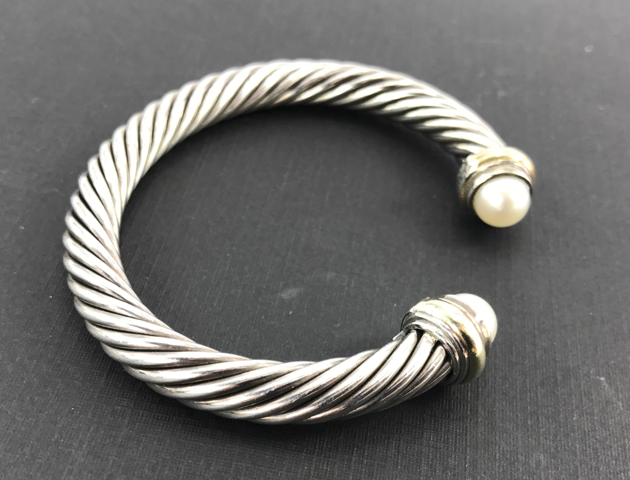 David Yurman Sterling Silver 14K Gold Pearl Classic 7mm Cable Cuff Bracelet - Queen May