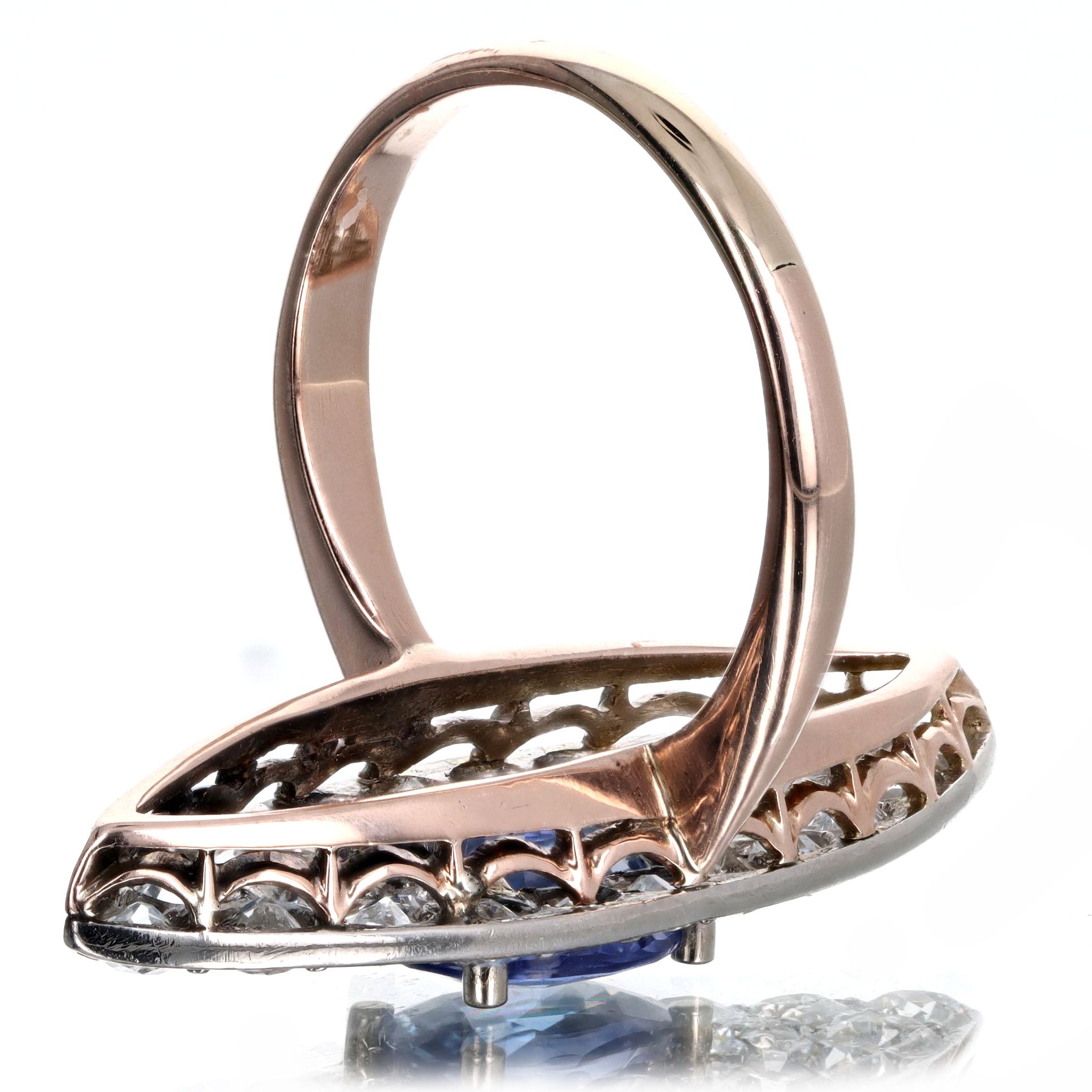 Edwardian 1.86 Carat Oval Natural Sapphire Diamond Navette Ring in 10K Rose Gold & Platinum - Queen May