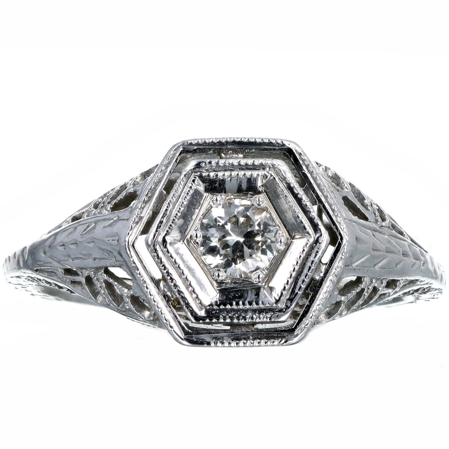 Art Deco 18K White Gold 0.15 Carat Old European Diamond Filigree Engagement Ring - Queen May