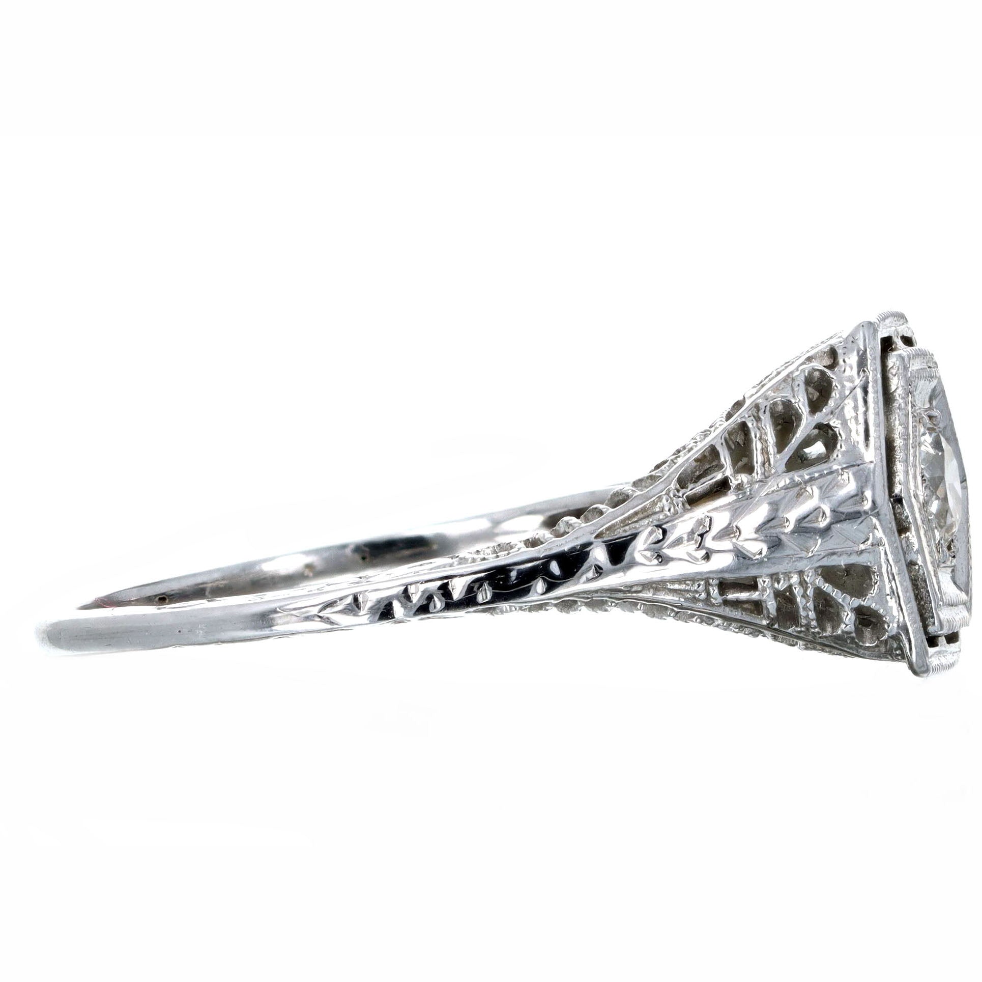 Art Deco 18K White Gold 0.15 Carat Old European Diamond Filigree Engagement Ring - Queen May