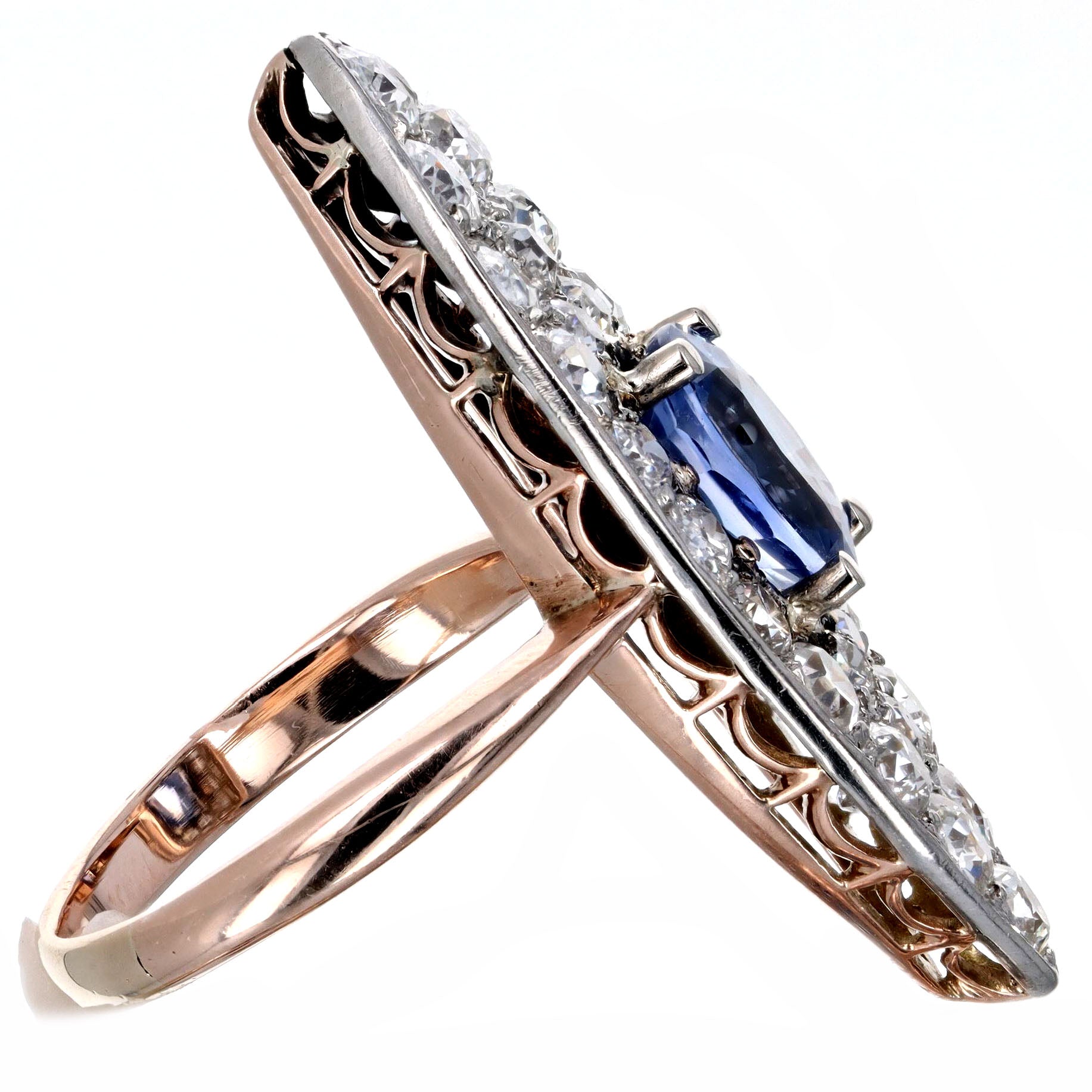 Edwardian 1.86 Carat Oval Natural Sapphire Diamond Navette Ring in 10K Rose Gold & Platinum - Queen May