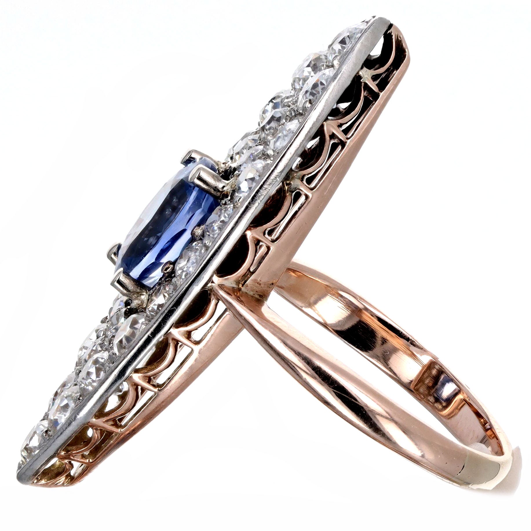 Edwardian 1.86 Carat Oval Natural Sapphire Diamond Navette Ring in 10K Rose Gold & Platinum - Queen May
