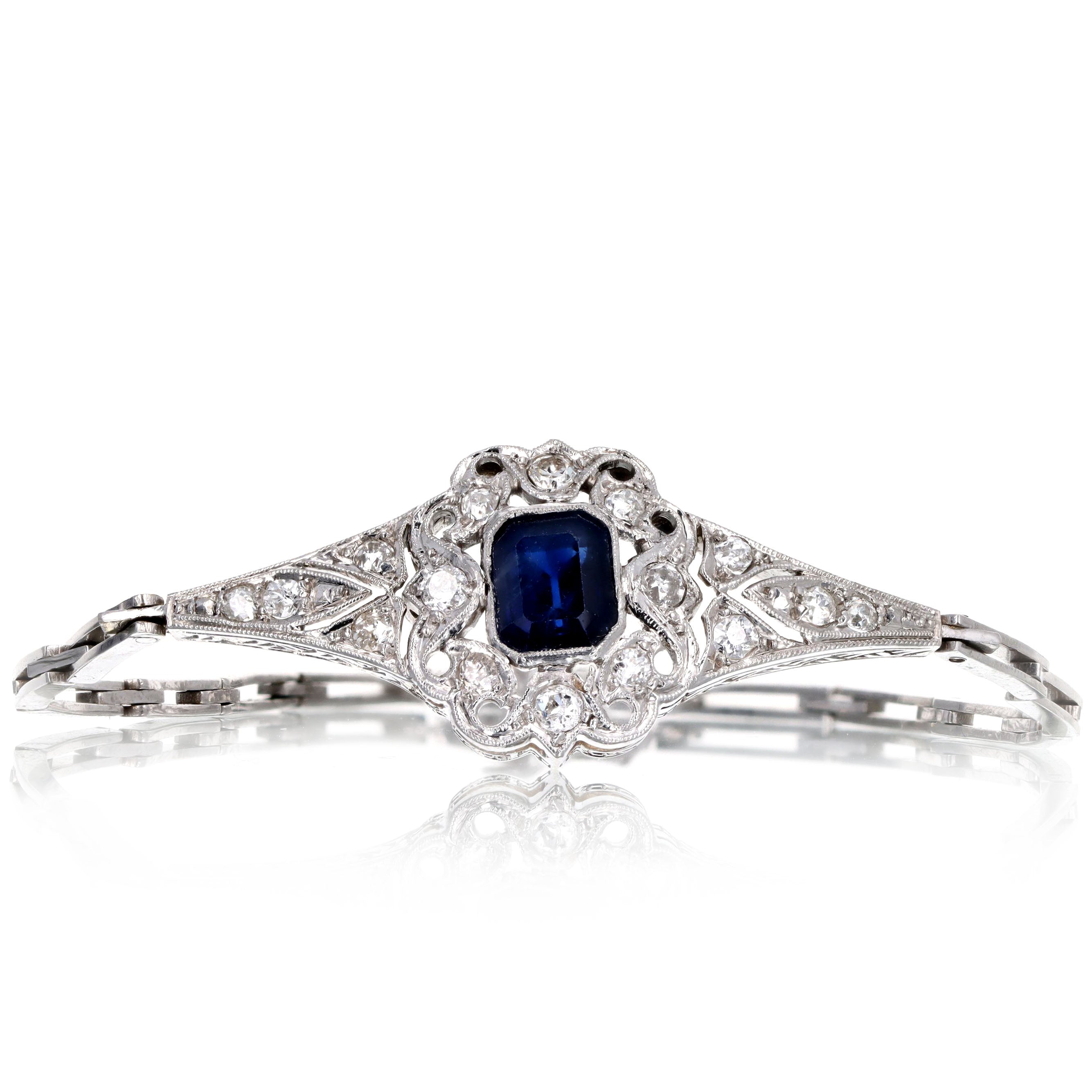 Edwardian Platinum 1.30 Carat Natural Sapphire Old European Diamond Bracelet - Queen May