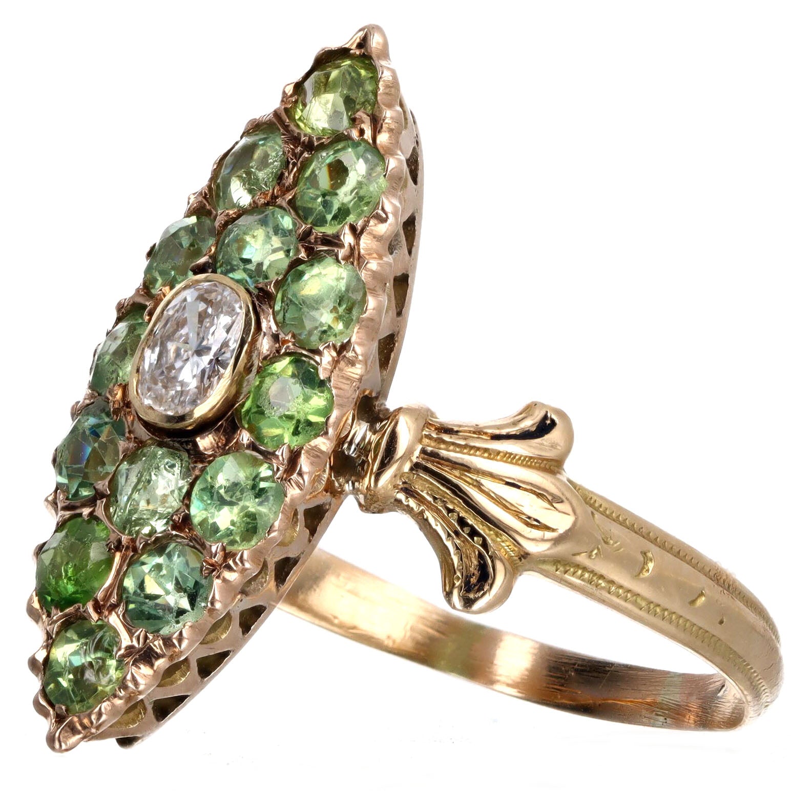 Victorian 0.12 Carat Antique Oval Diamond & Demantoid Garnet Navette Ring in 14K Yellow Gold - Queen May