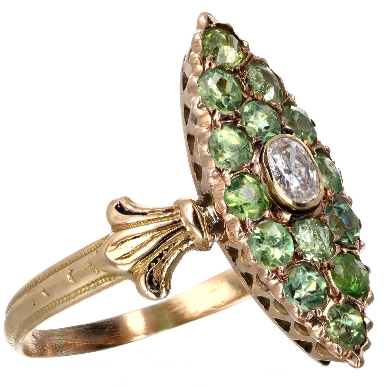 Victorian 0.12 Carat Antique Oval Diamond & Demantoid Garnet Navette Ring in 14K Yellow Gold - Queen May