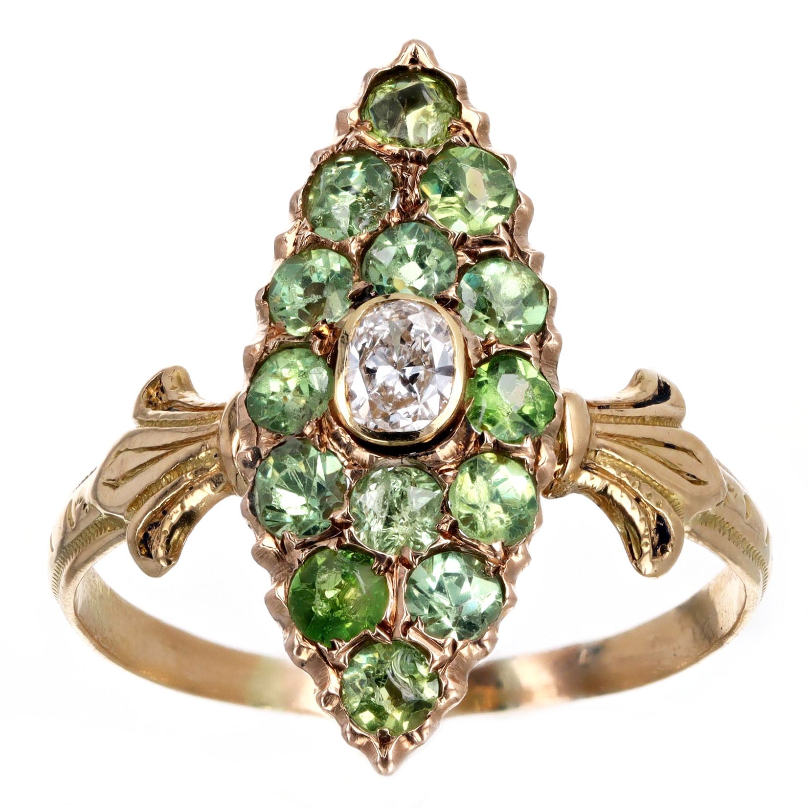 Victorian 0.12 Carat Antique Oval Diamond & Demantoid Garnet Navette Ring in 14K Yellow Gold - Queen May