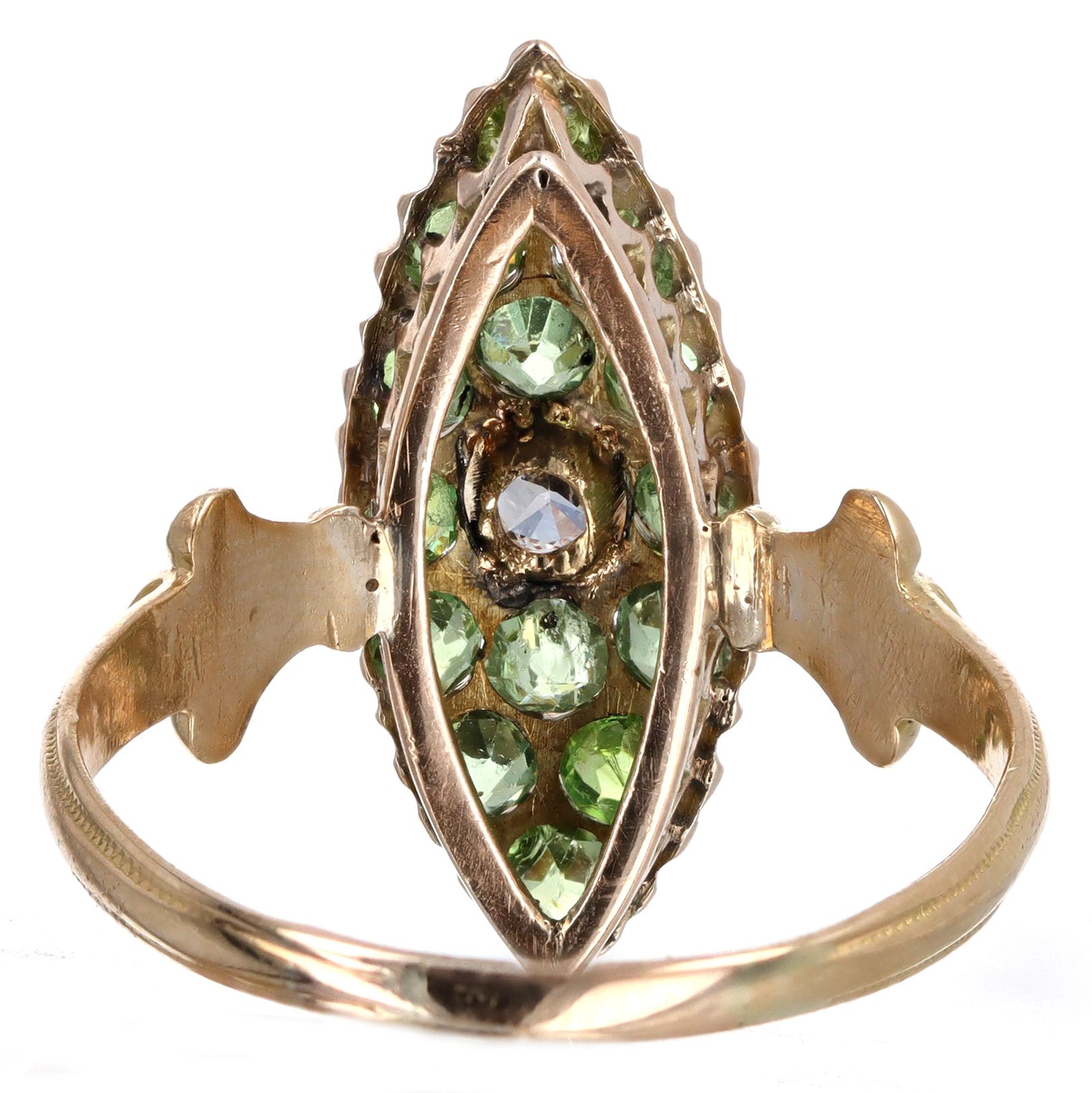 Victorian 0.12 Carat Antique Oval Diamond & Demantoid Garnet Navette Ring in 14K Yellow Gold - Queen May