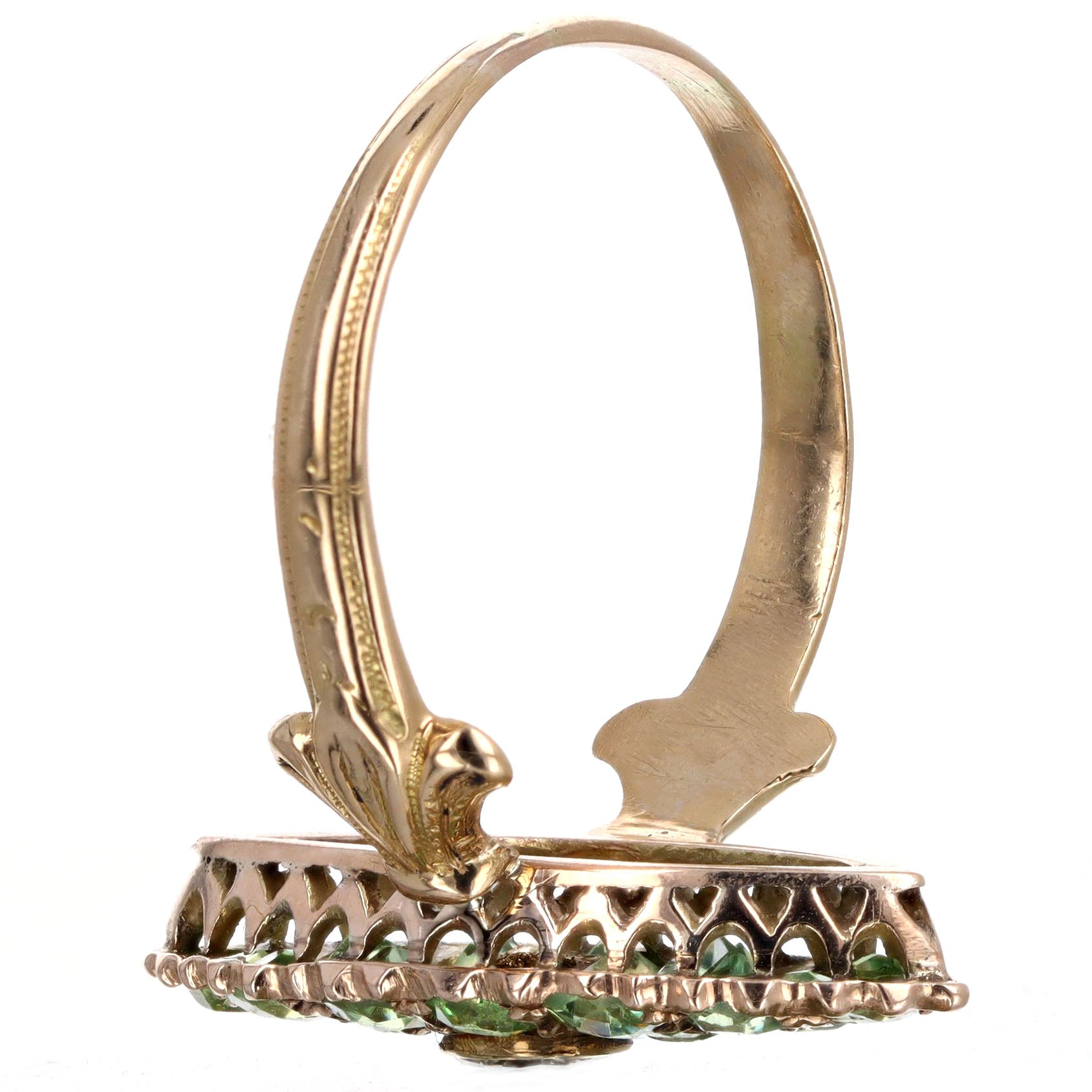 Victorian 0.12 Carat Antique Oval Diamond & Demantoid Garnet Navette Ring in 14K Yellow Gold - Queen May